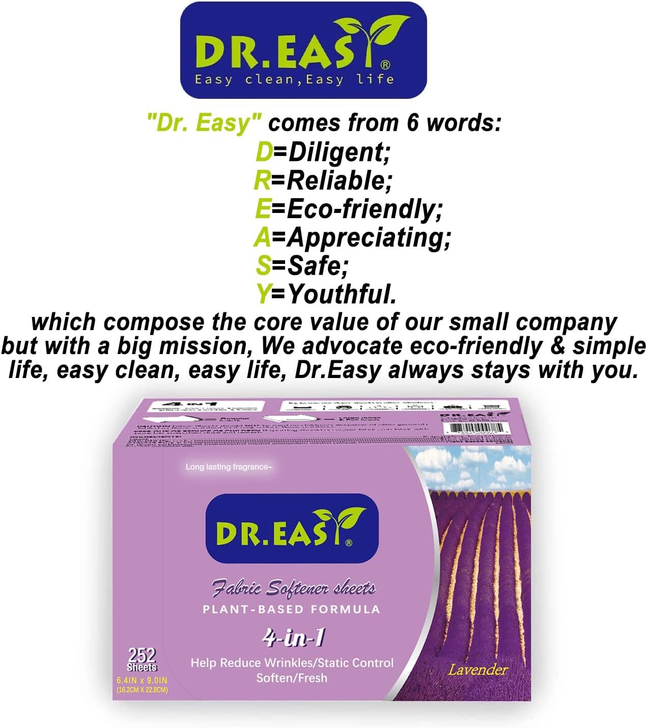 DR.EASY Dryer Sheets Plant Based Formula 252 Ct Fabric Softener Sheets for Laund
