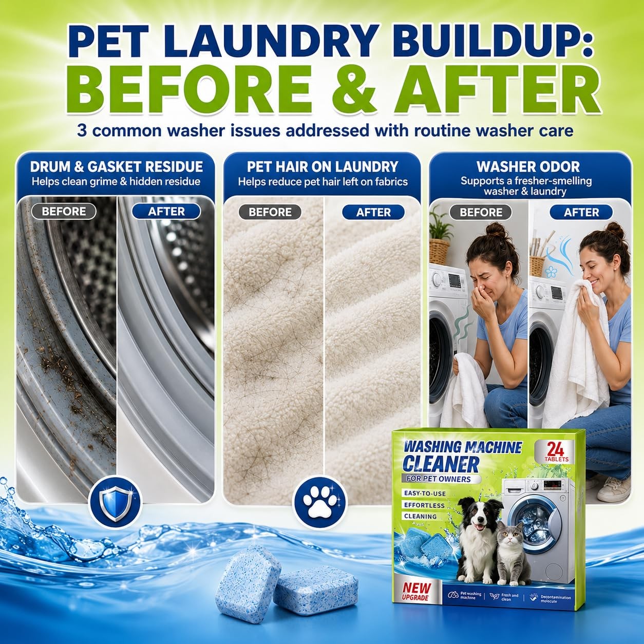 Enzyme Washing Machine Cleaner Tablets for Pet Owners, 24 Count (Pack of 1)