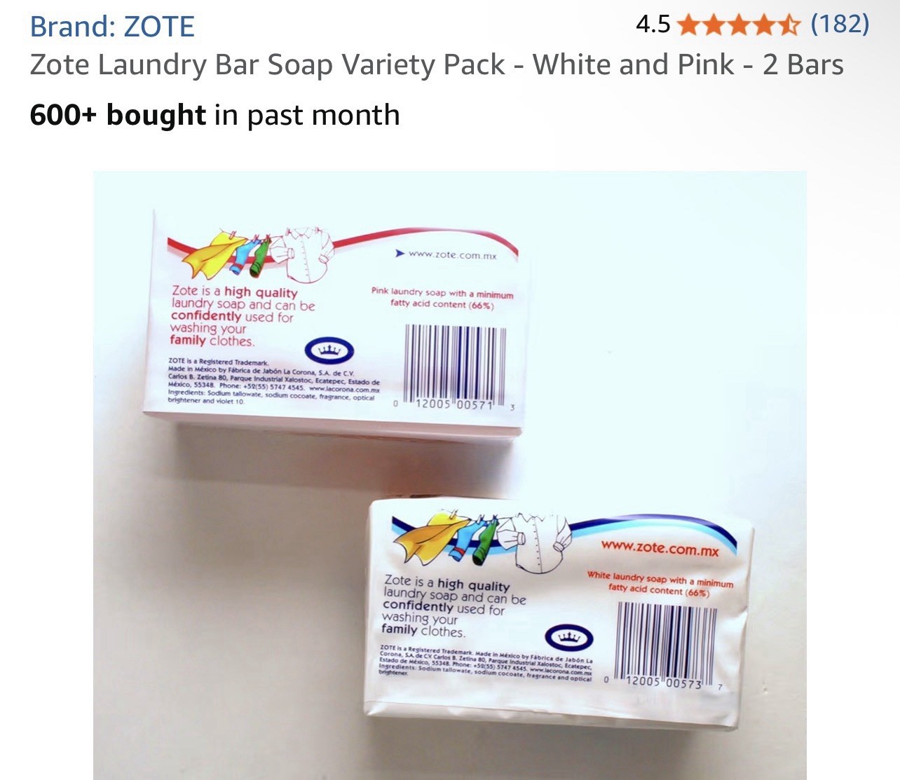 Zote Laundry Bar Soap High Quality White & Pink 2 Bars 14.1oz Each(pack of 2)