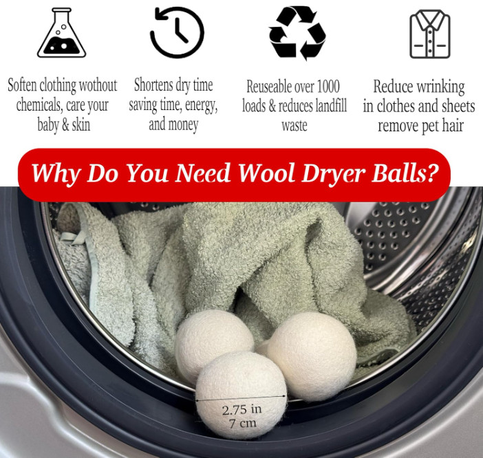 Wool Dryer Balls 6 Pack XL, 3″ Genuine New Zealand Wool to Core, 100% Organic