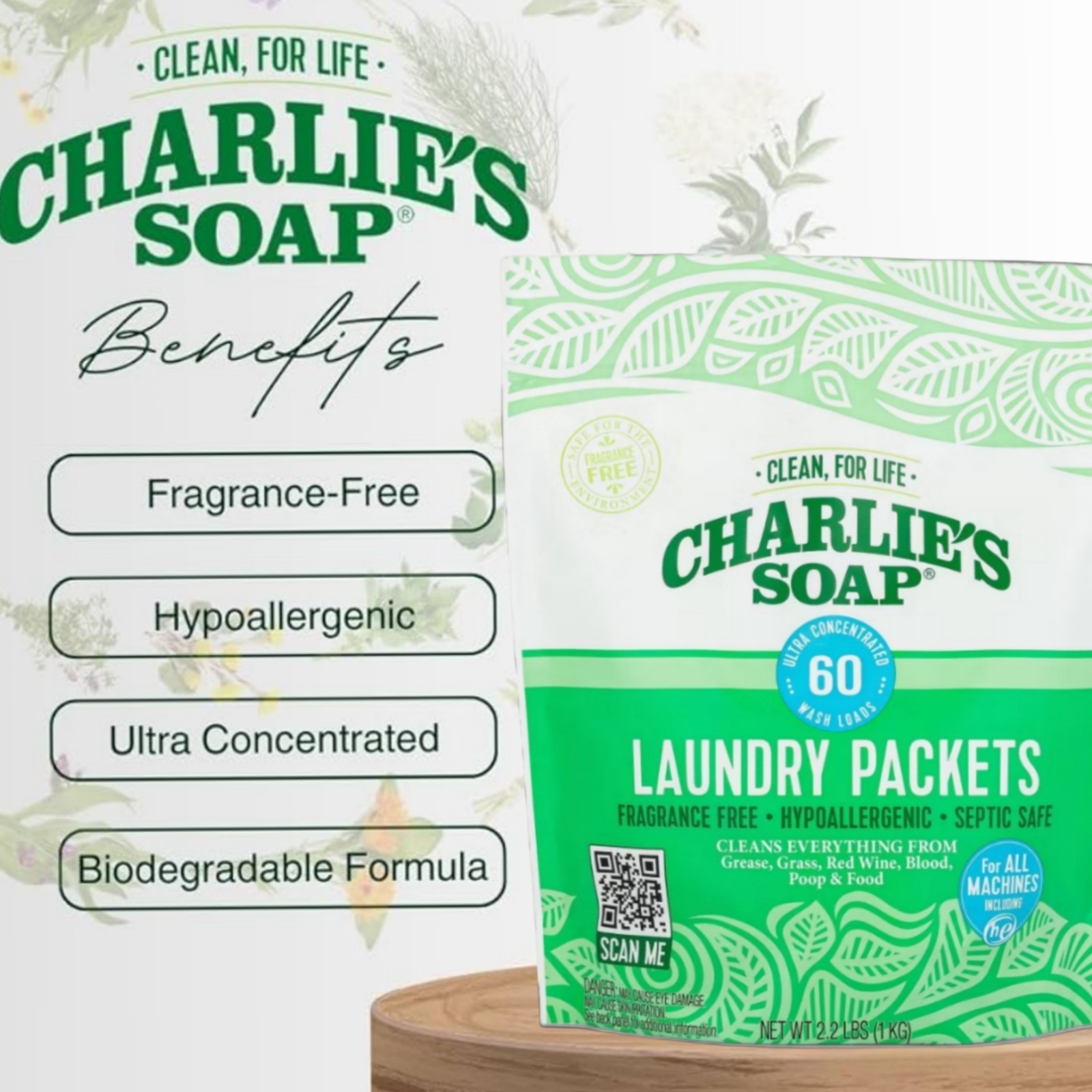 Charlie’s Soap Laundry Detergent Packets Fragrance-Free Hypoallergenic 60 Ct