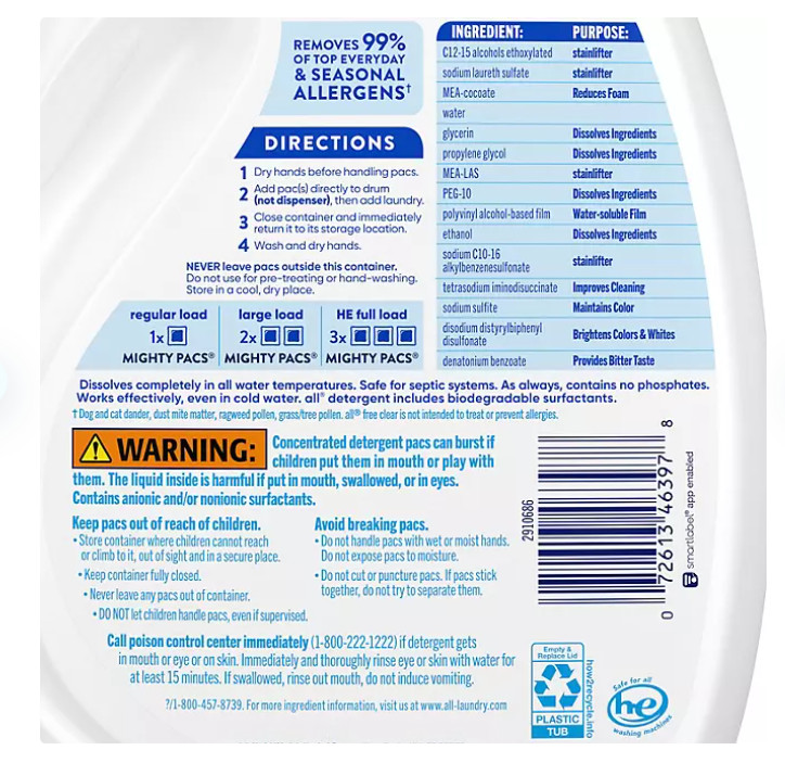 all free clear MIGHTY PACS Laundry Detergent Pacs, The Original, 120 ct.