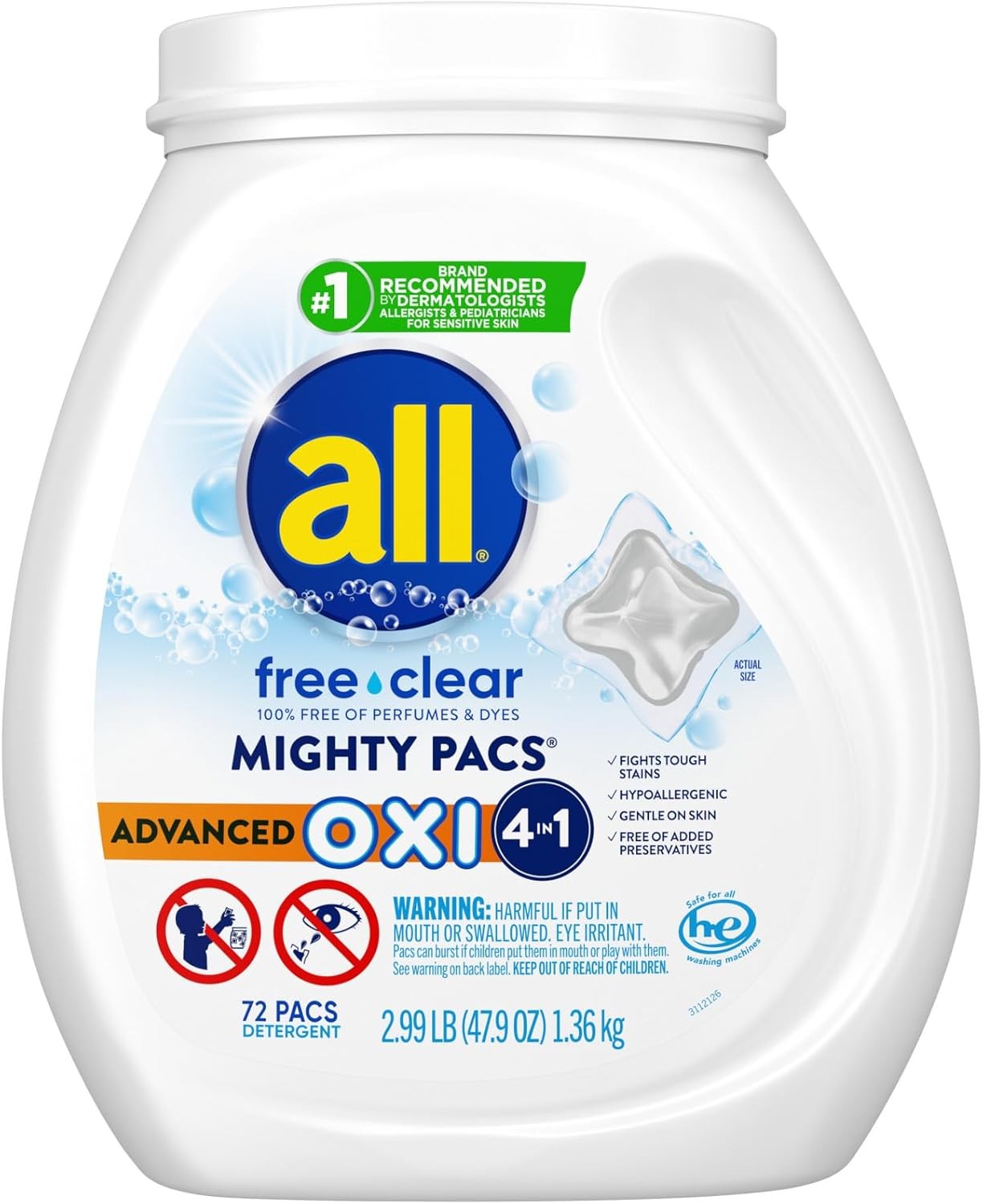 Unit Dose Laundry Detergent Mighty Pacs Free Clear OXI 72 Count