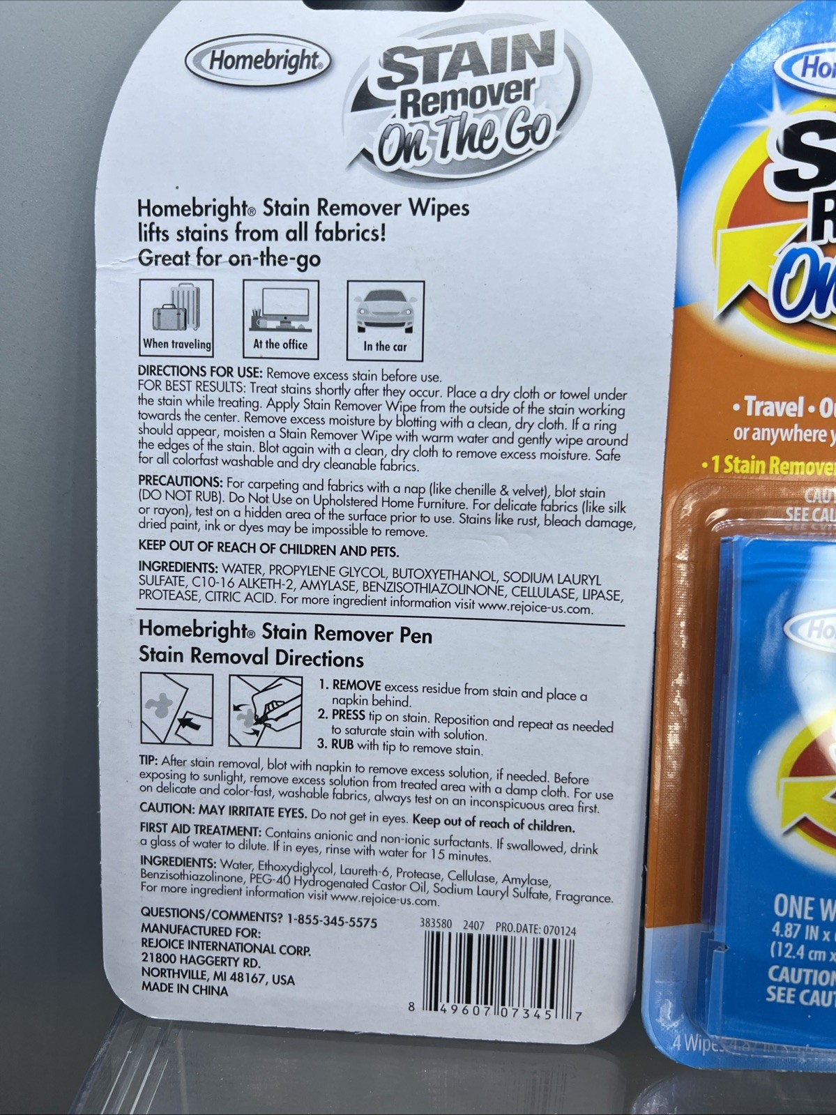 2X HOMEBRIGHT STAIN REMOVER ON THE GO 1 Pen 4 Wipes Lifts Stains On The Go