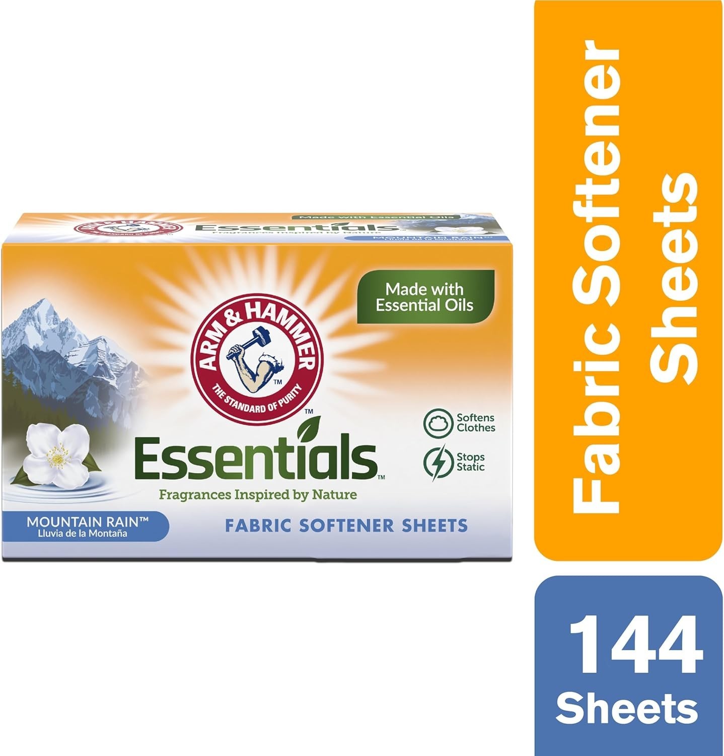 Natural Fabric Softener Sheets, Mountain Rain Scent, 144 Count for Fresh Laundry
