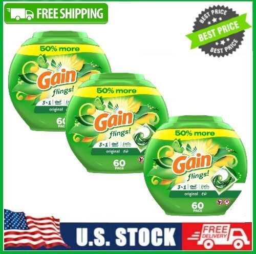 3 PACK Gain Flings Laundry Detergent Packs with Oxi Boost and Febreze, 60 Count