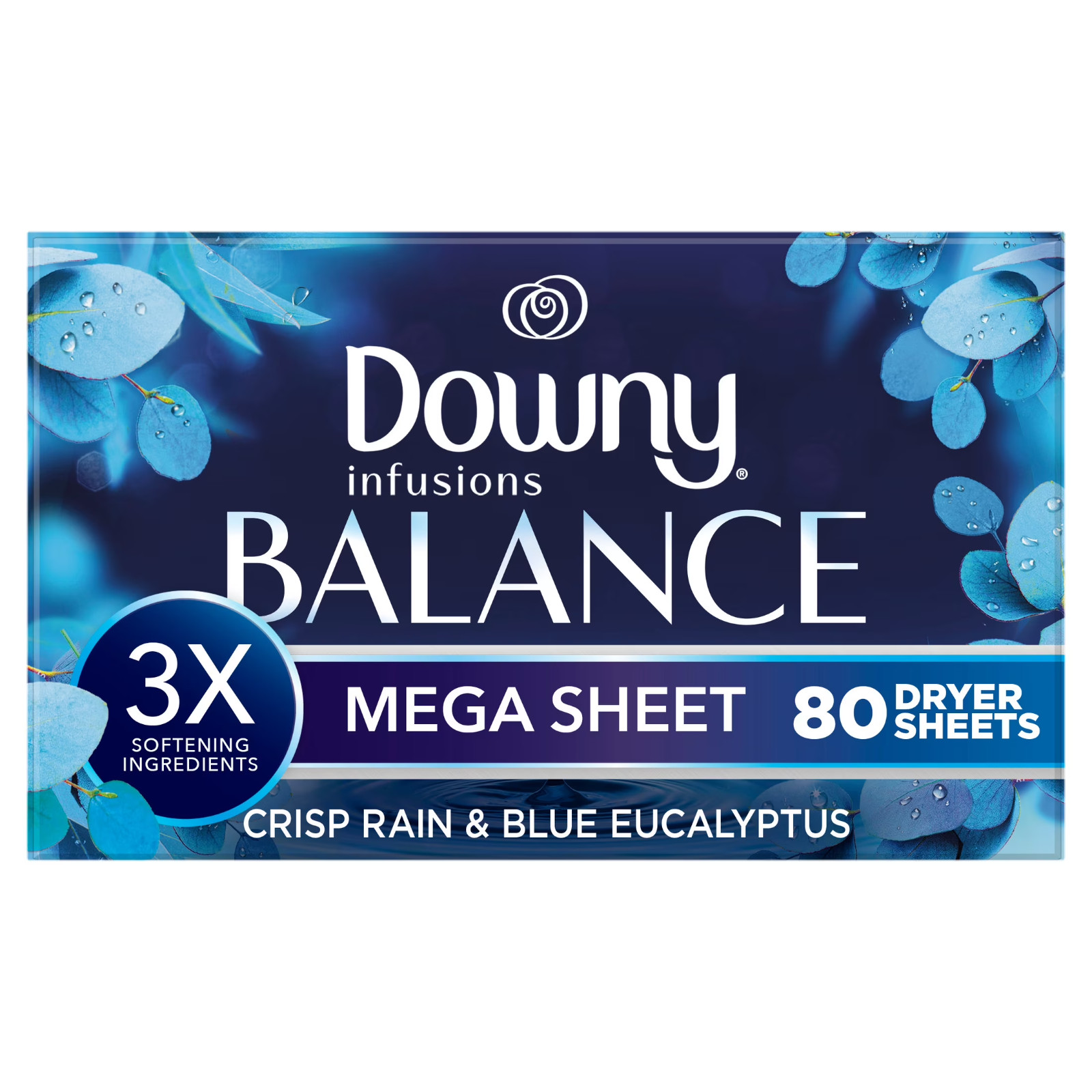 Downy Infusions Mega Dryer Sheets Crisp Rain Blue Eucalyptus 80ct LOT OF 3 New