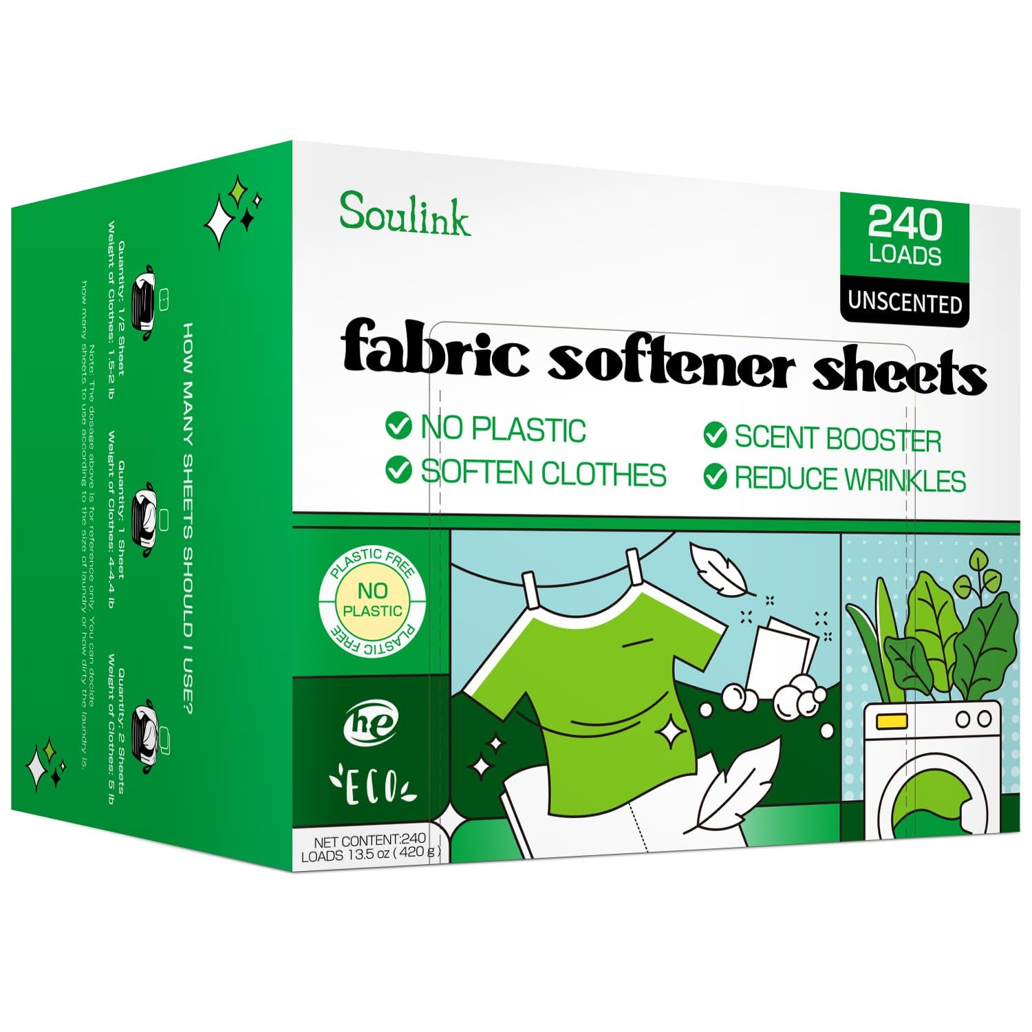 Soulink Fabric Softener Sheets for Washing Machine, No Plastic Jug Soap Strip…
