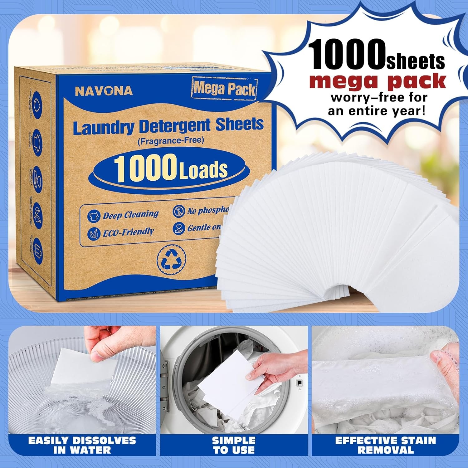 1000 Loads Mega Pack Laundry Detergent Sheets, Eco-friendly Laundry Sheets, Powe