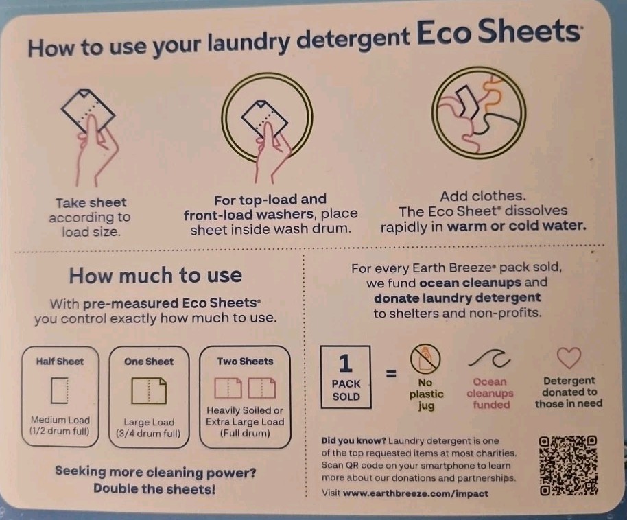 EARTH BREEZE LAUNDRY ~ 5 Pack DETERGENT SHEETS• SCENT FREE•14 Sheets 28 Loads