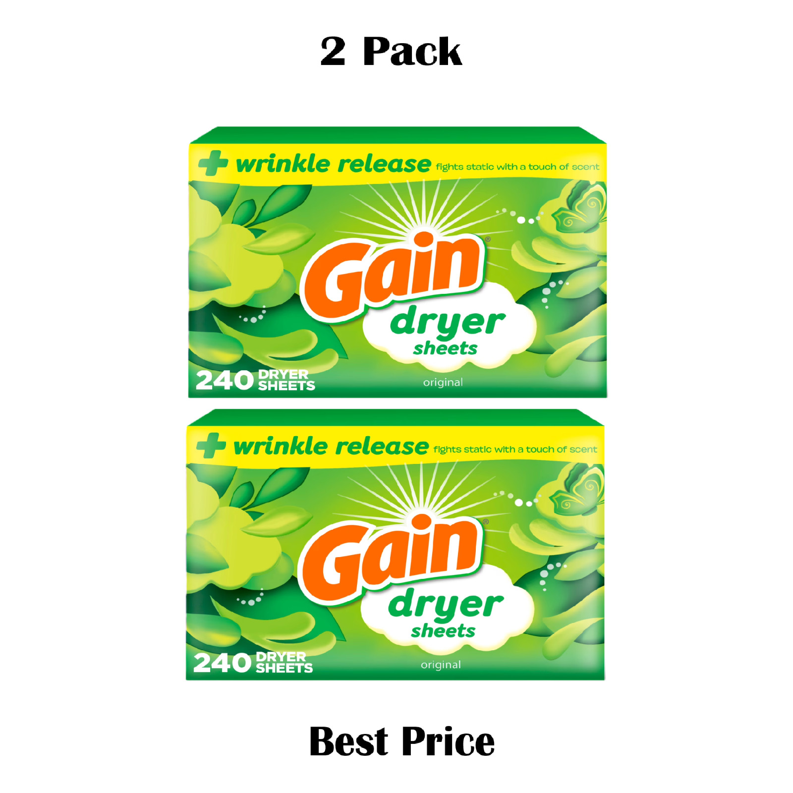 Gain Dryer Sheets Anti-Static Fabric Softener, Original Scent, 240 Count 2 Pack