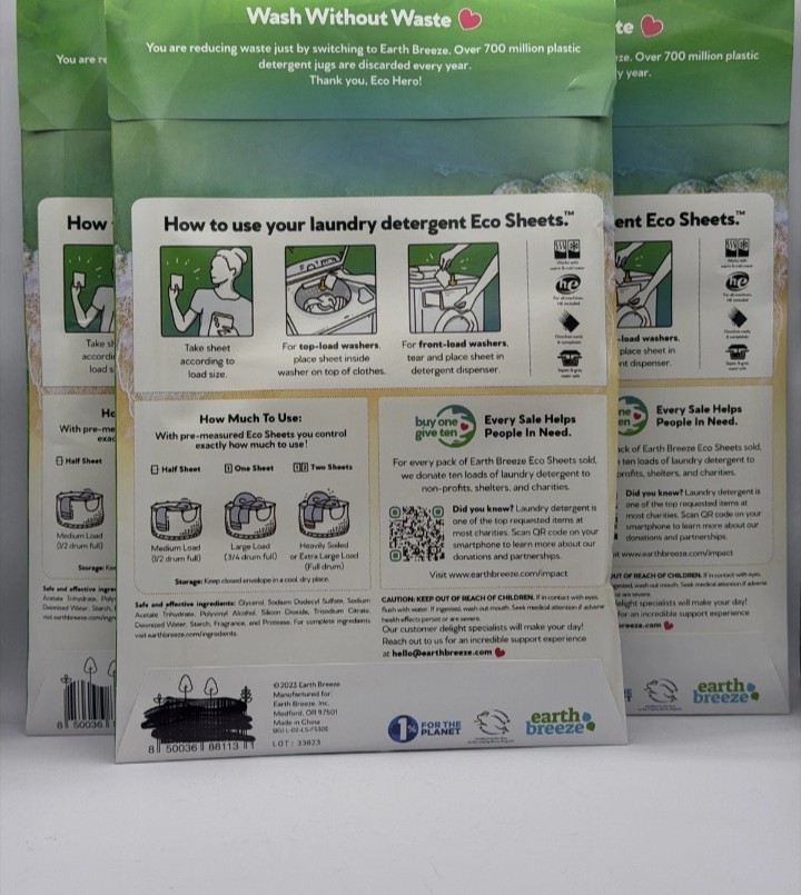 (Lot of 3) Earth Breeze Laundry Detergent Eco-Sheets 60-Loads Each, Fresh Scent