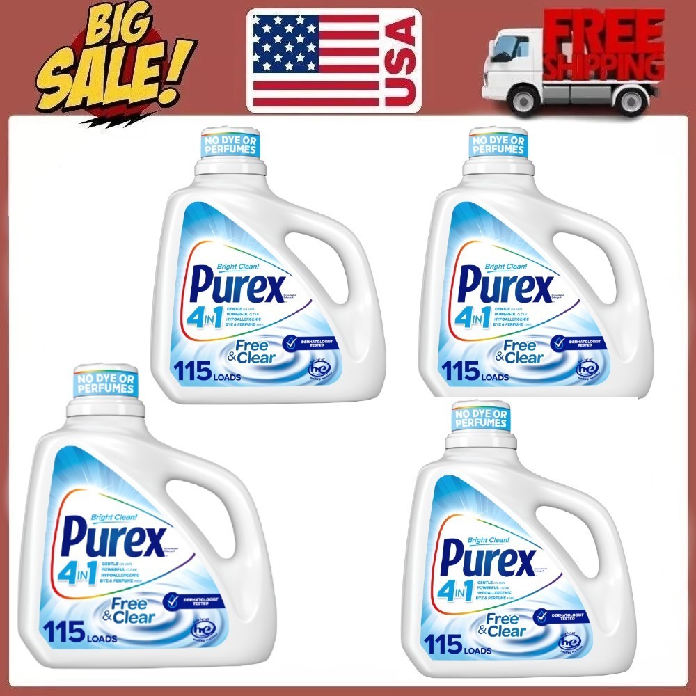 4 Pack Purex Free & Clear Liquid Detergent, Sensitive Skin, 150 fl oz, 115 loads