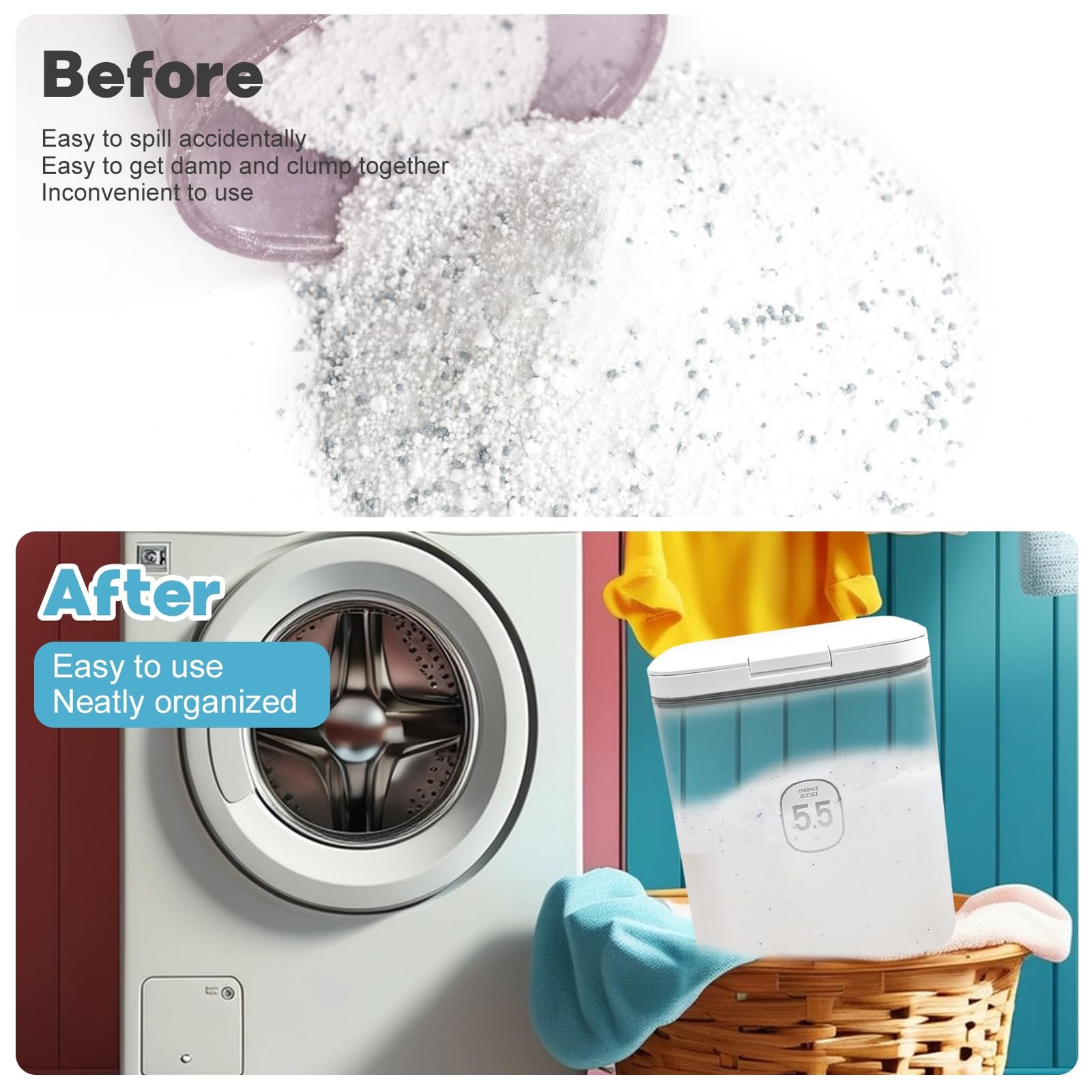 1 Pack 5.5L Laundry Detergent Dispenser One Press Lid Powder Container
