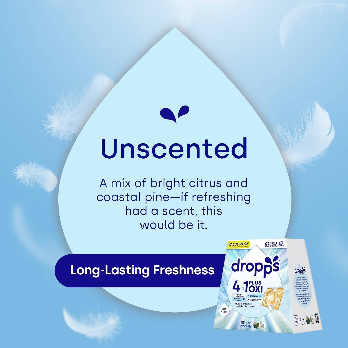 Dropps Unscented Free &Clear 4-in-1 Plus Oxi Power Biobased Pods 63 Pacs-35.55oz