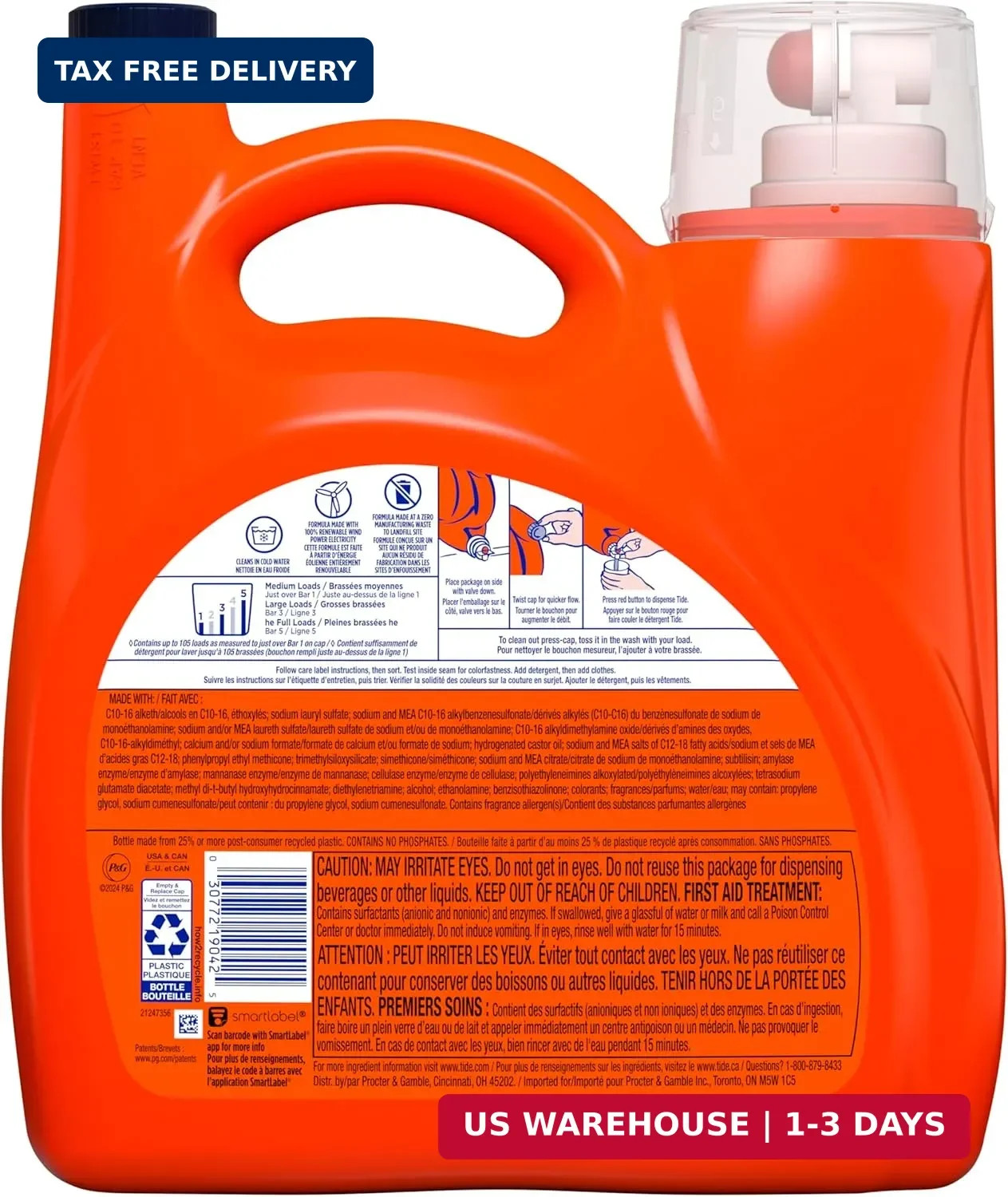 Tide Ultra Odor Defense Plus Oxi Liquid Laundry Detergent, 148 fl oz, 105 Loads,