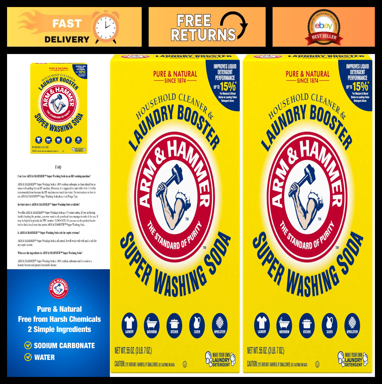Super Washing Soda Household Cleaner & Laundry Booster, 55 oz – 2 Pack, Eco-Frie