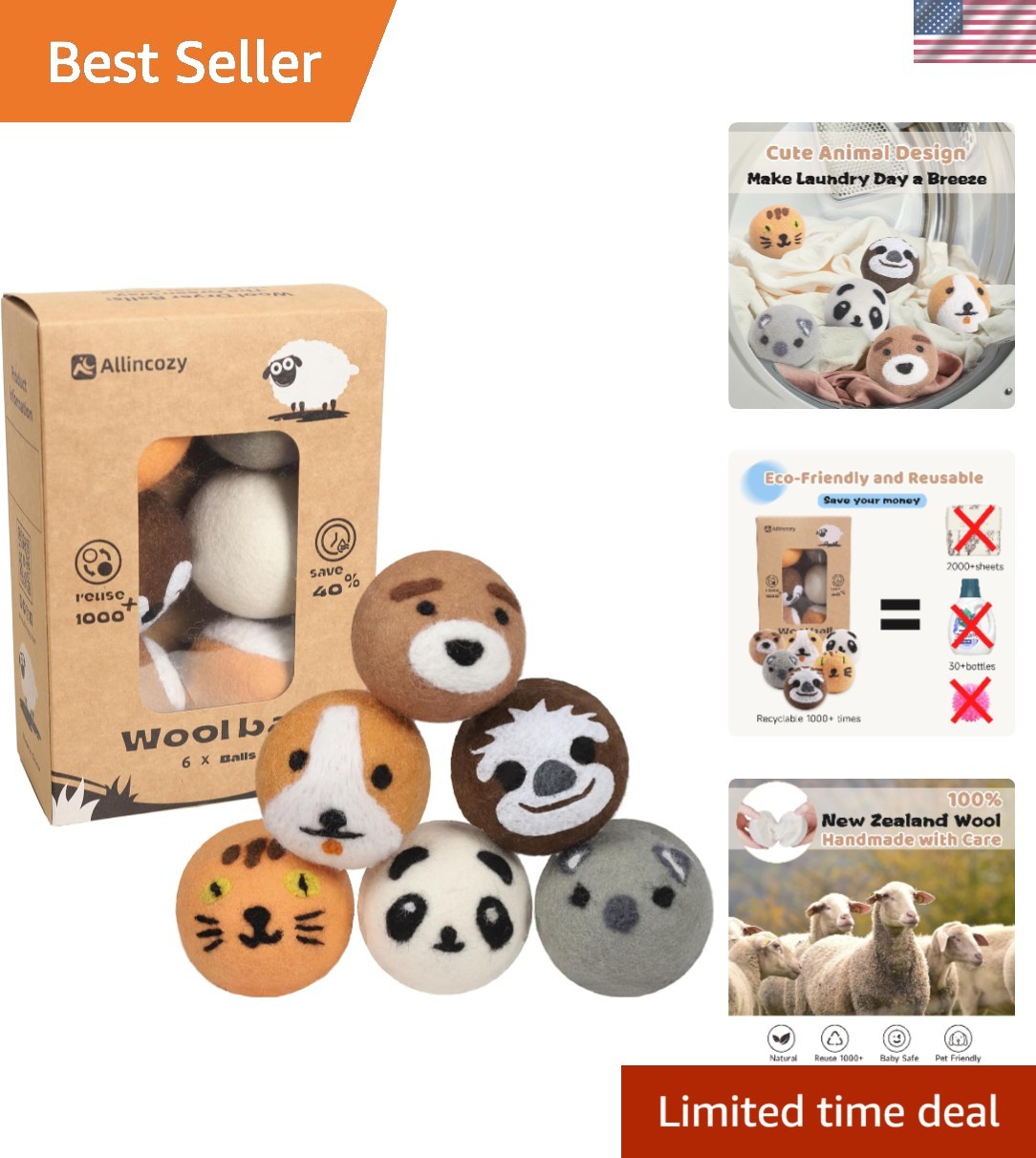 Eco-Friendly Wool Dryer Balls – 6 Pack of 100% Natural New Zealand Softener