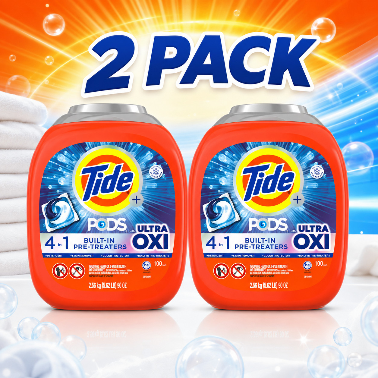 Tide Pods with Ultra Oxi Laundry Detergent Pods – 100 pods (Pack of 2)
