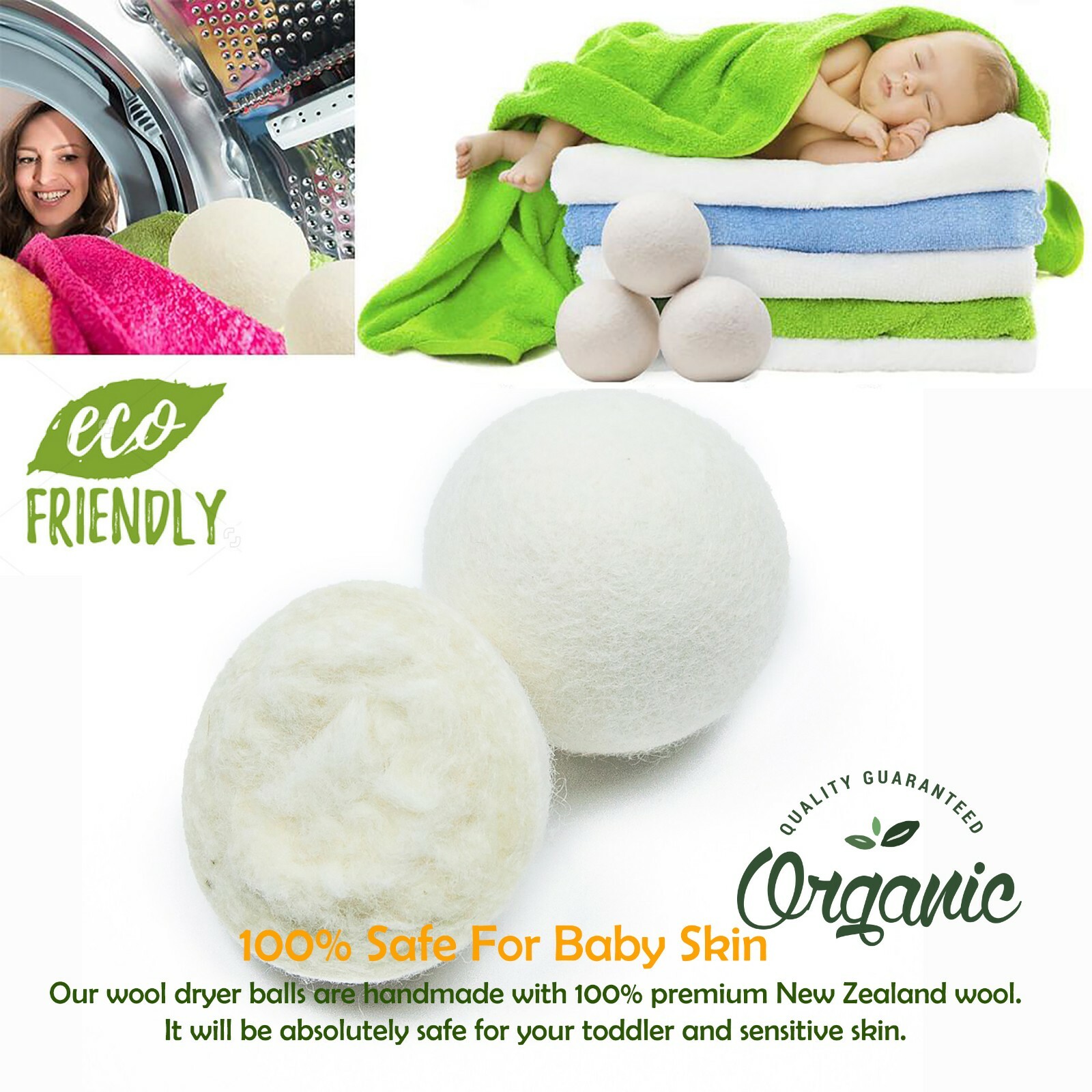EcoJeannie Wool Dryer Balls- 100% Virgin New Zealand Wool, XL, 8 Pack