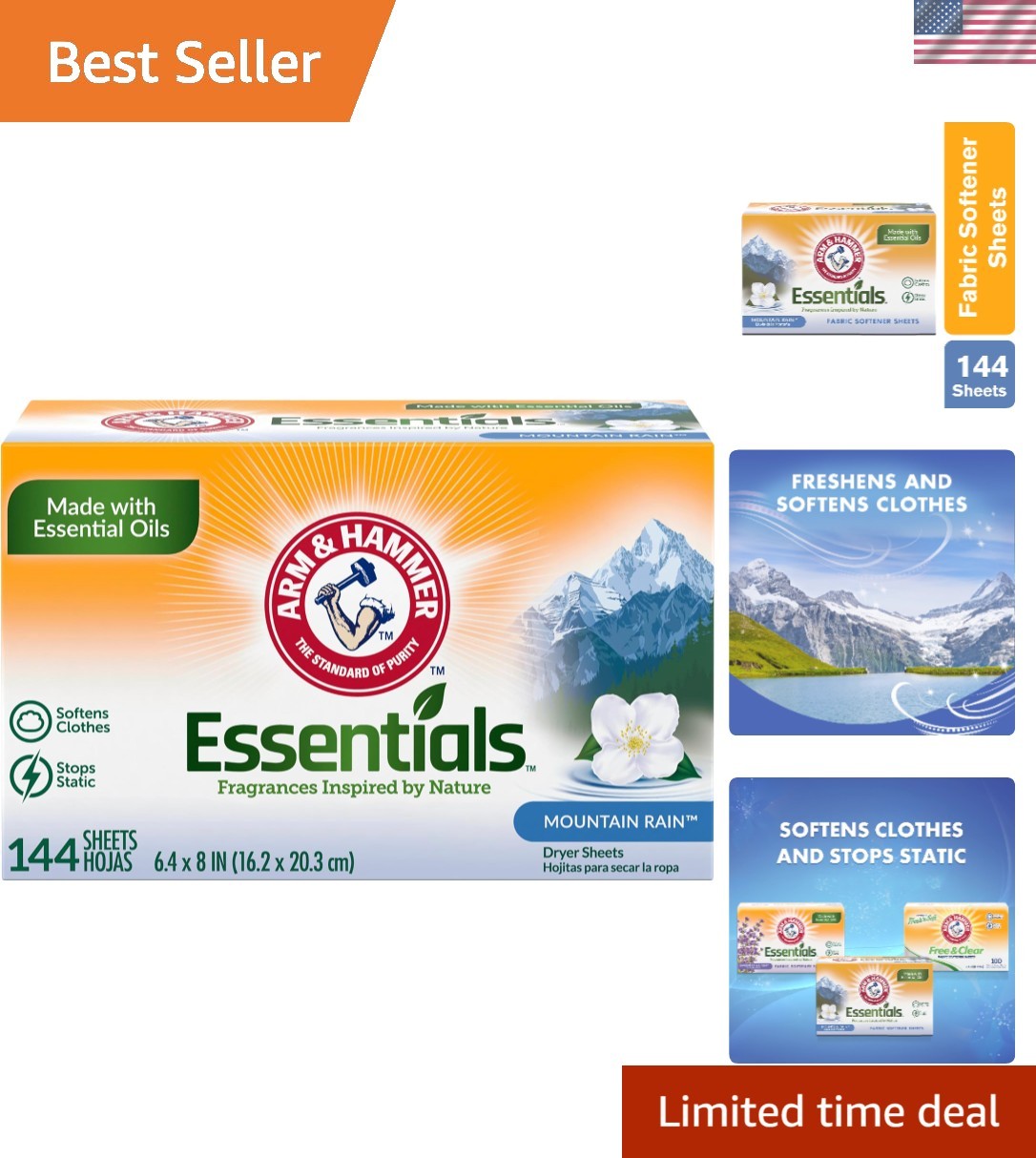Natural Fabric Softener Sheets, Mountain Rain Scent, 144 Count for Fresh Laundry