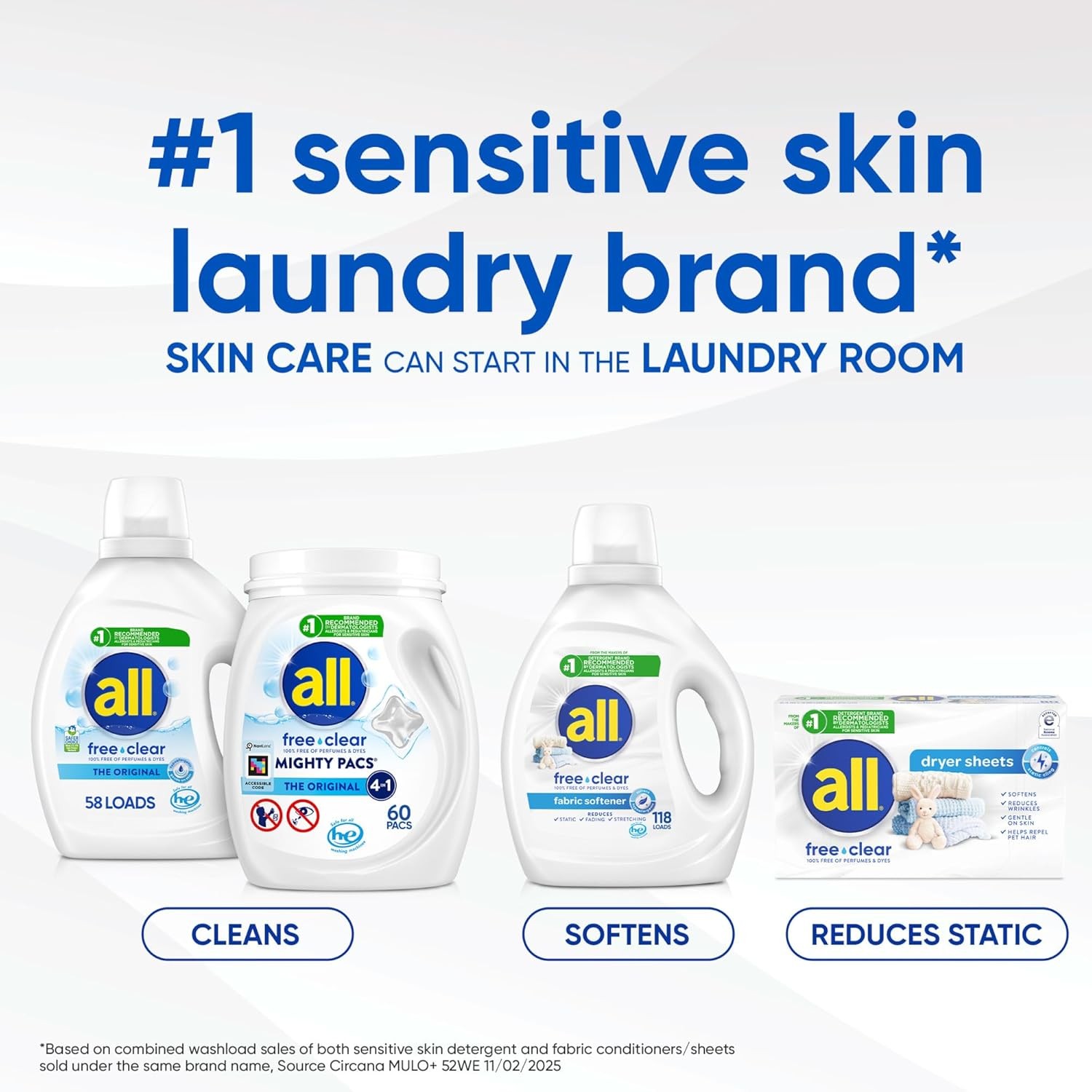 All Mighty Pacs Laundry Detergent, Free Clear for Sensitive Skin, Tub, 60 Count
