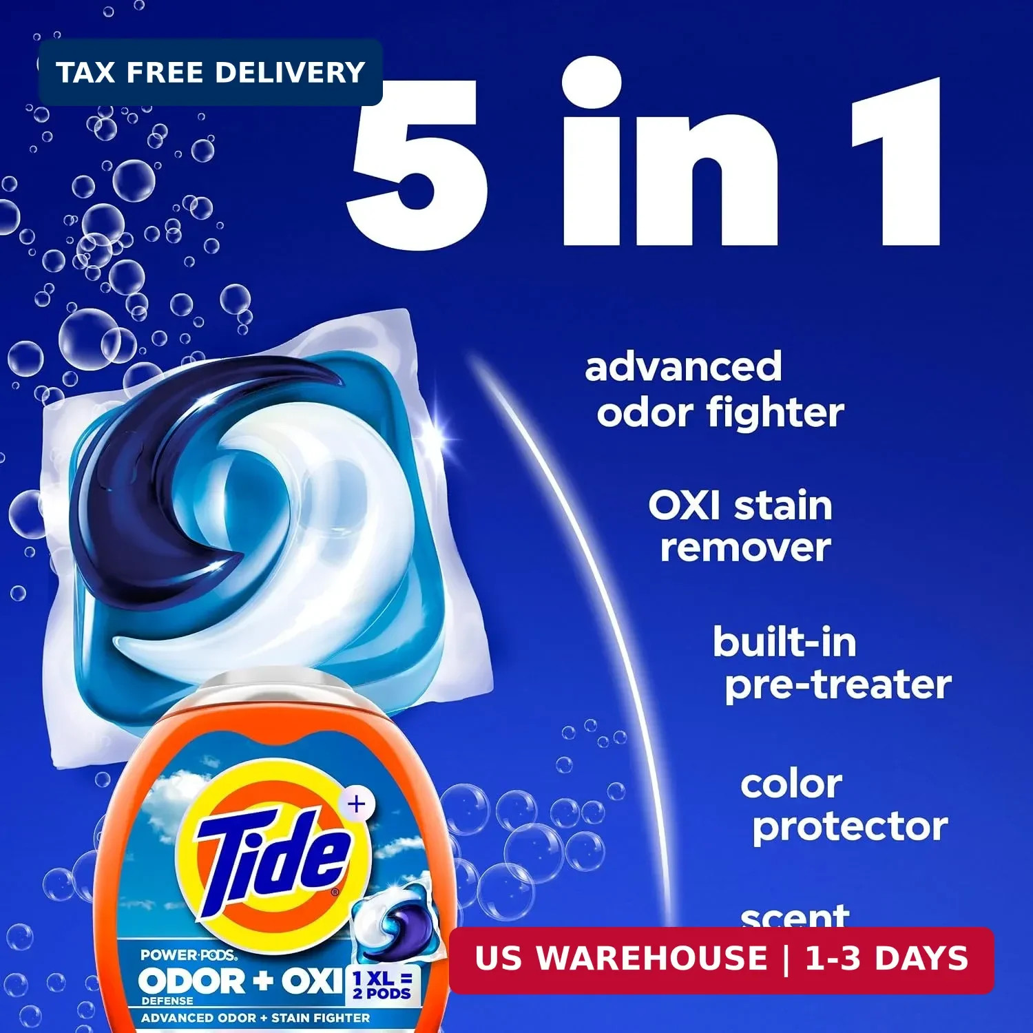 Tide Odor Defense + Oxi Laundry Detergent Pacs, Original Scent, 63 Count, Advanc