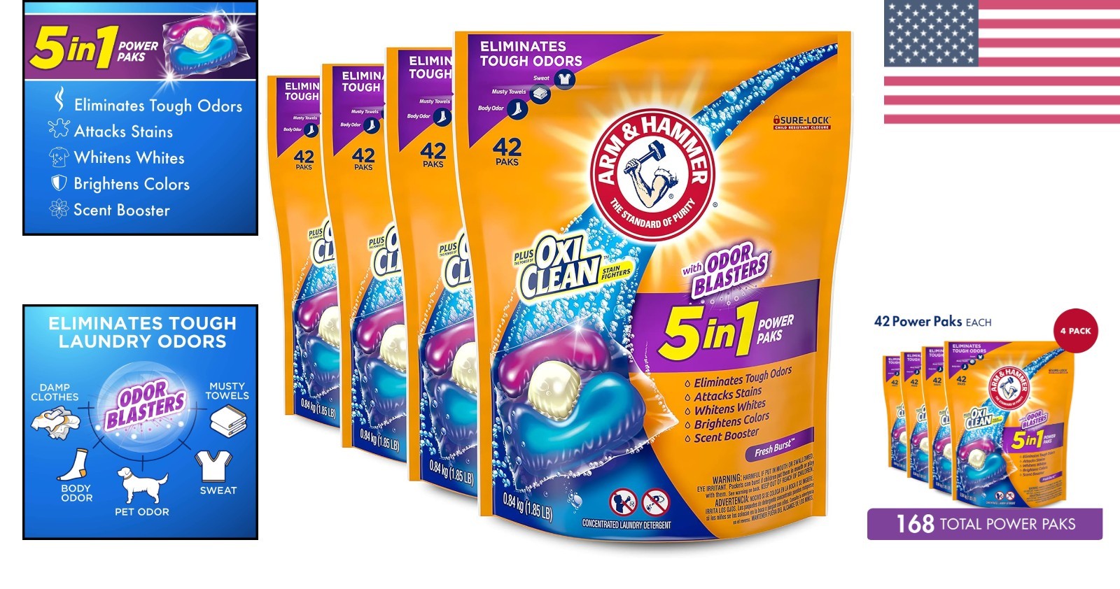 Pack of 4 OxiClean Odor Blasters – 5-in-1 Laundry Pods 168 Count, Fresh Burst