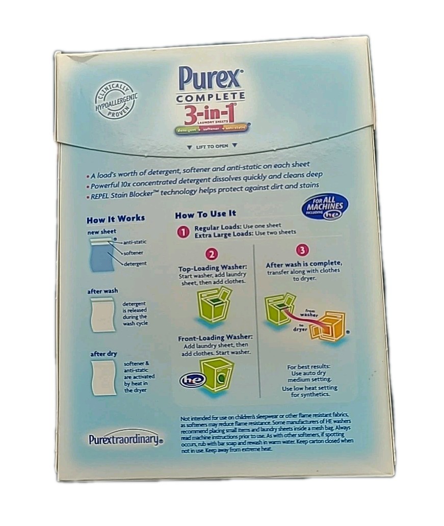 Purex Complete 3-in-1 Laundry Sheets Pure & Clean Detergent, 22 Loads Sealed