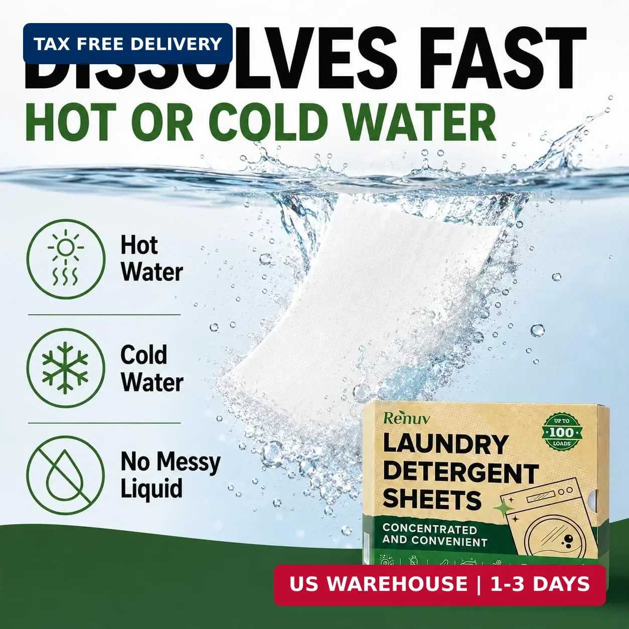 Renuv® Laundry Detergent Sheets, 50 Sheets, up to 100 Loads | Eco Friendly, Sust