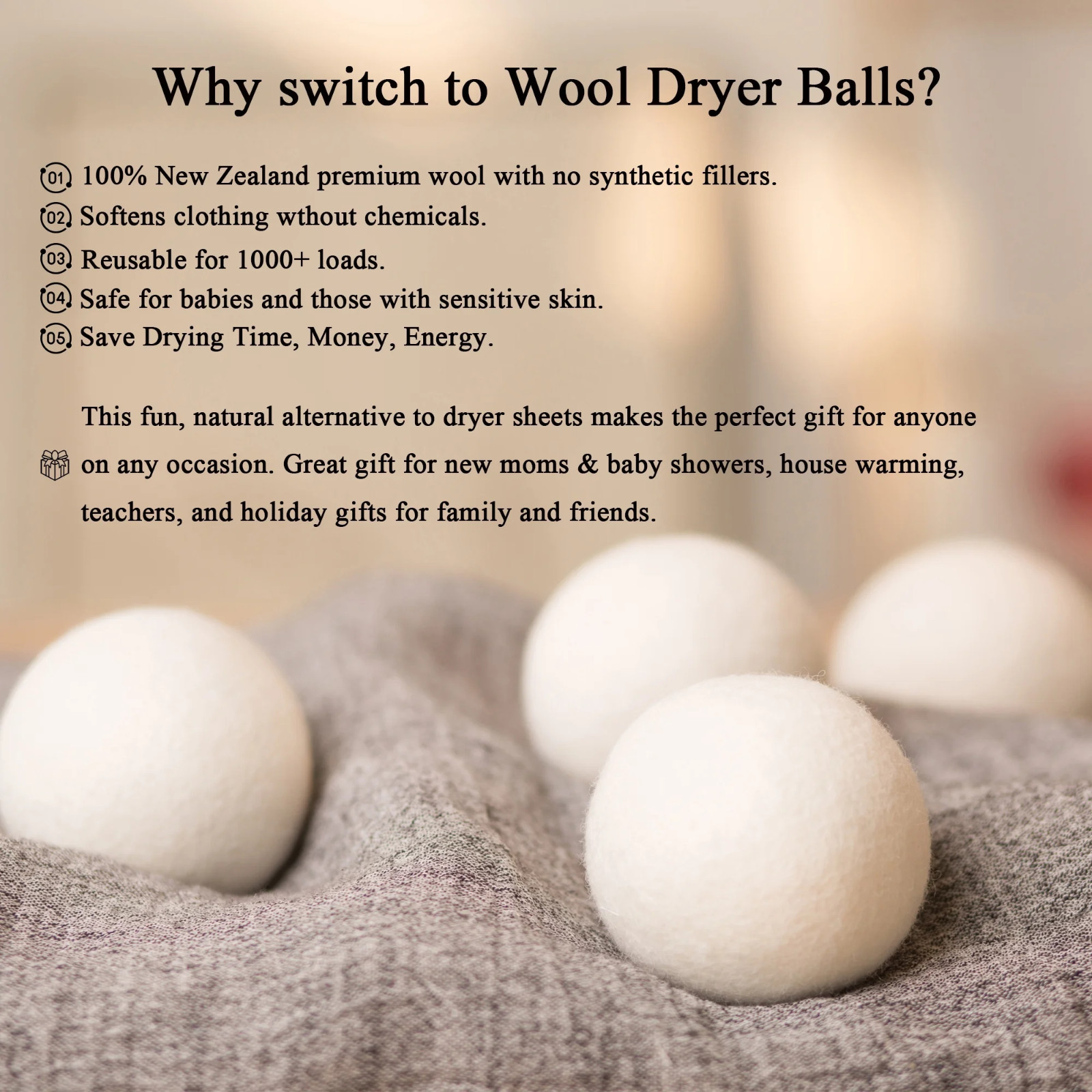 (3 Pack) 6 Wool per pack Dryer Balls XL Organic New Zealand Wool Natural