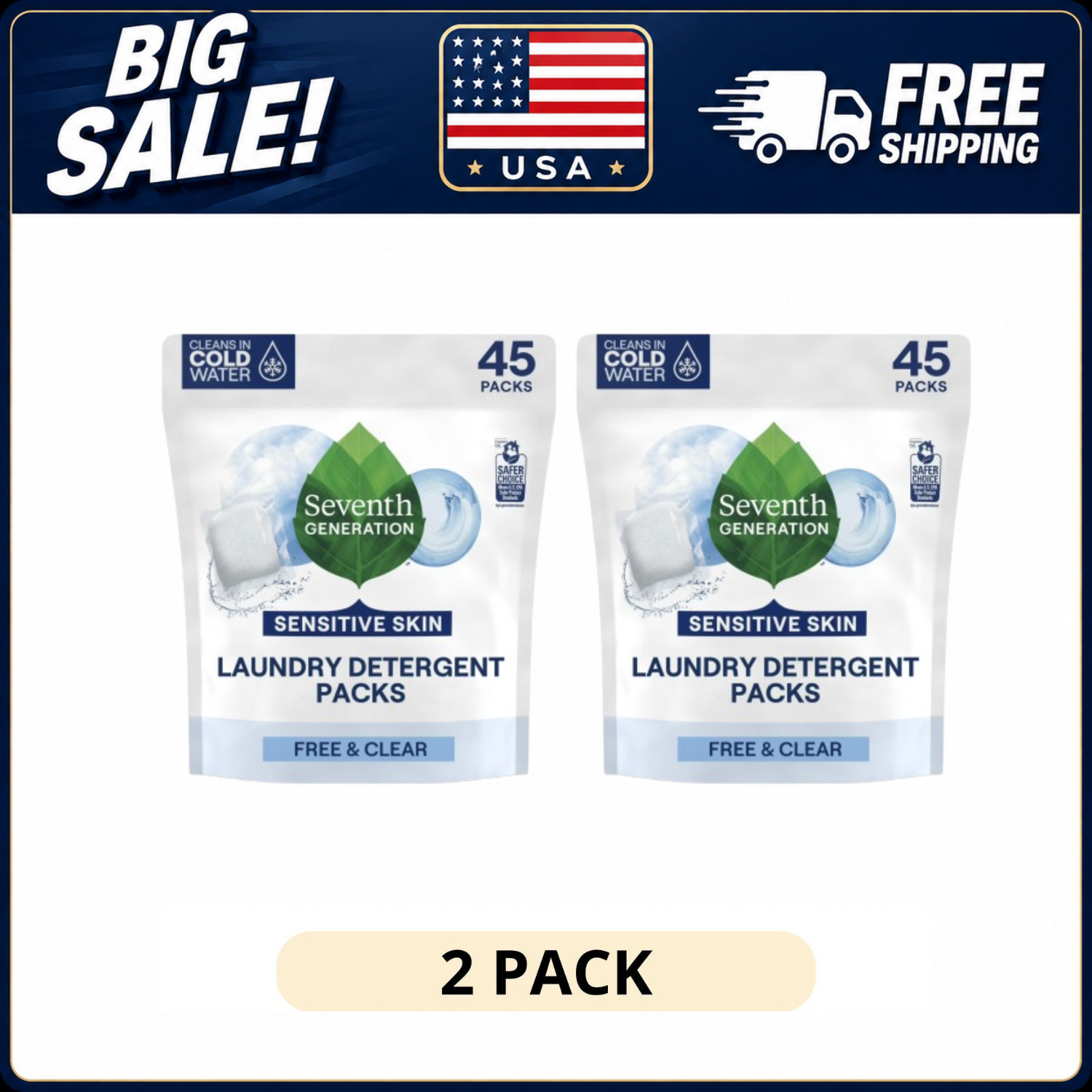 (2 Pack) Seventh Generation Free & Clear Laundry Detergent Packs, 45 Loads
