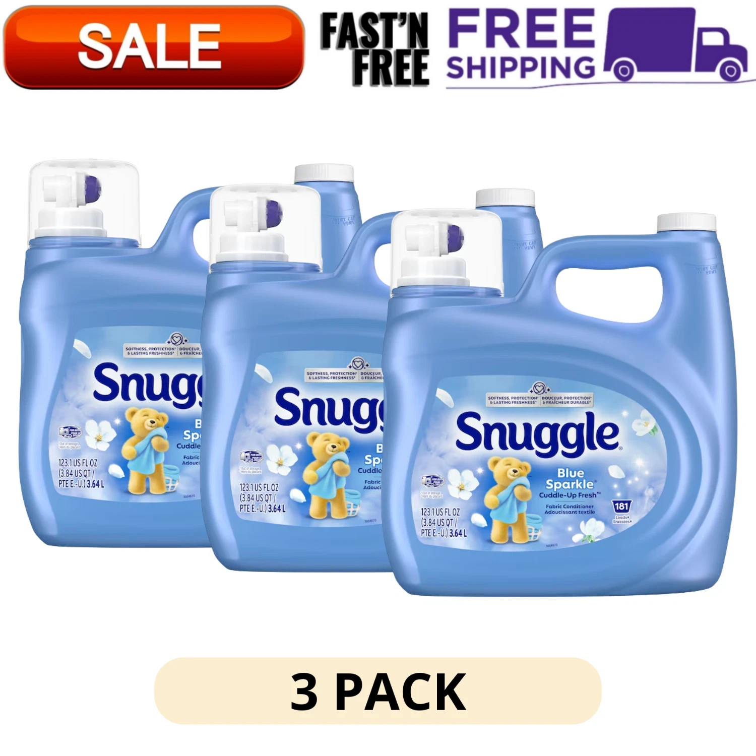 3 Pack Snuggle Fabric Softener Blue Sparkle Liquid Conditioner Laundry 123.1 oz