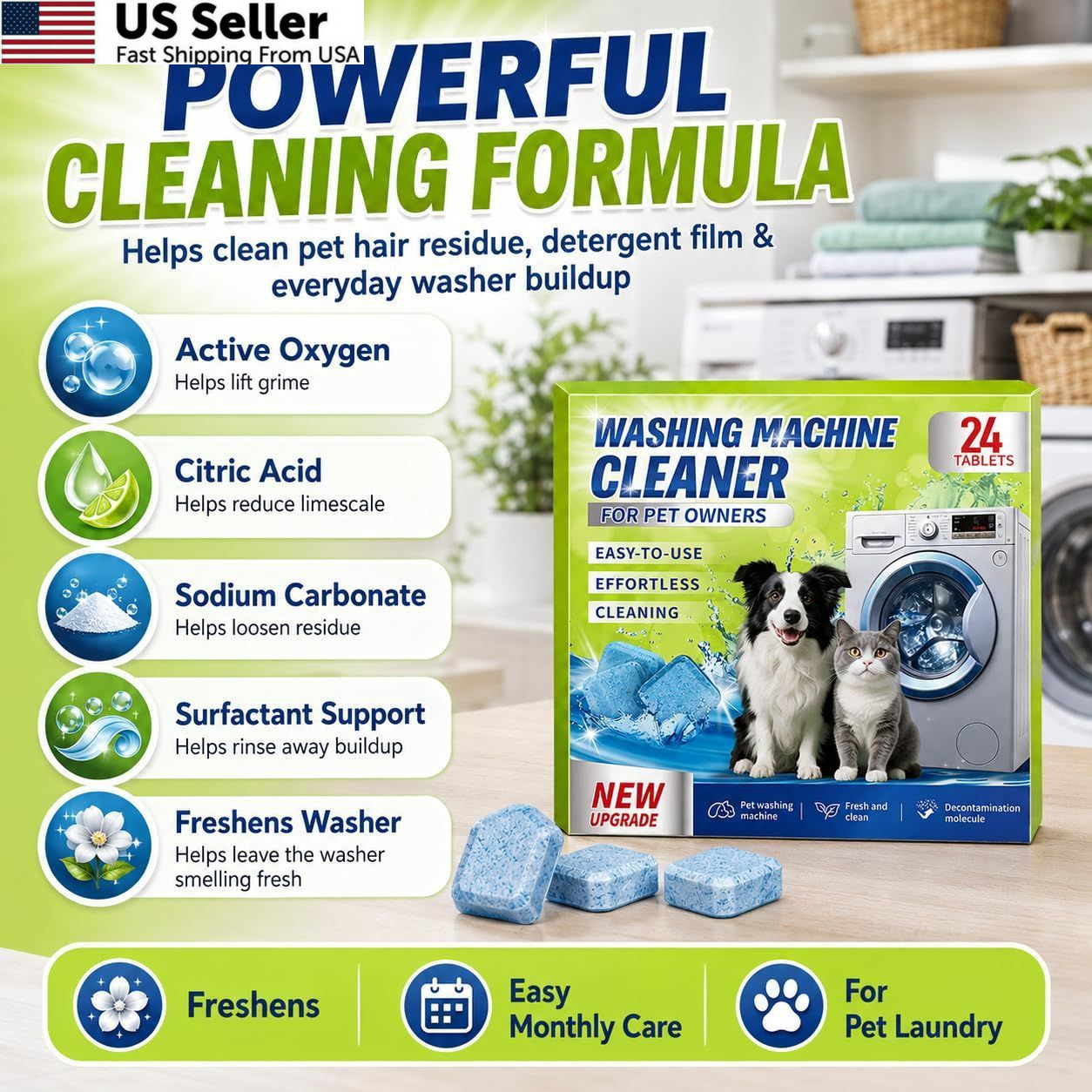 Enzyme Washing Machine Cleaner Tablets Pet Odor Hair Remover Front Top Load 24ct