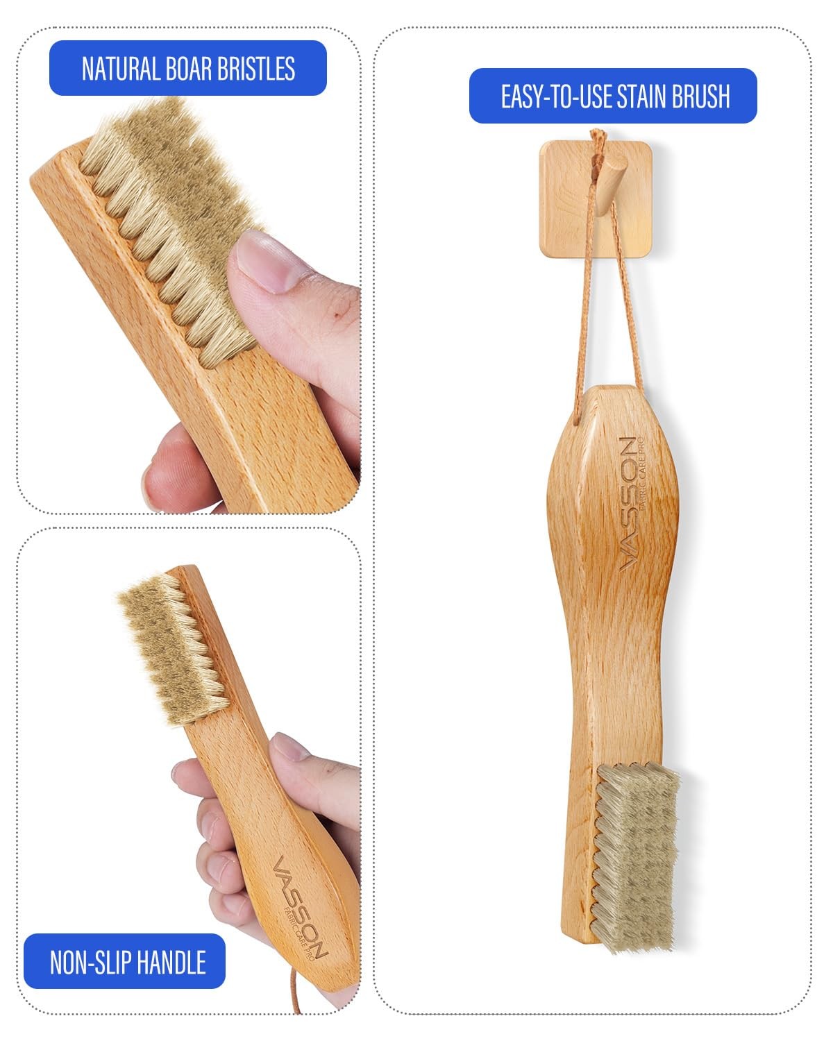 VASSON Natural Soft Boar Bristle Laundry Stain Brush, Small, Nature Wood