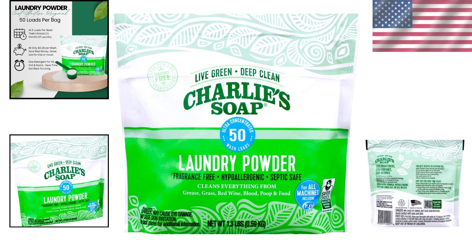 Charlie’s Soap Hypoallergenic Laundry Powder – Eco-Friendly, 50 Loads, Unscented