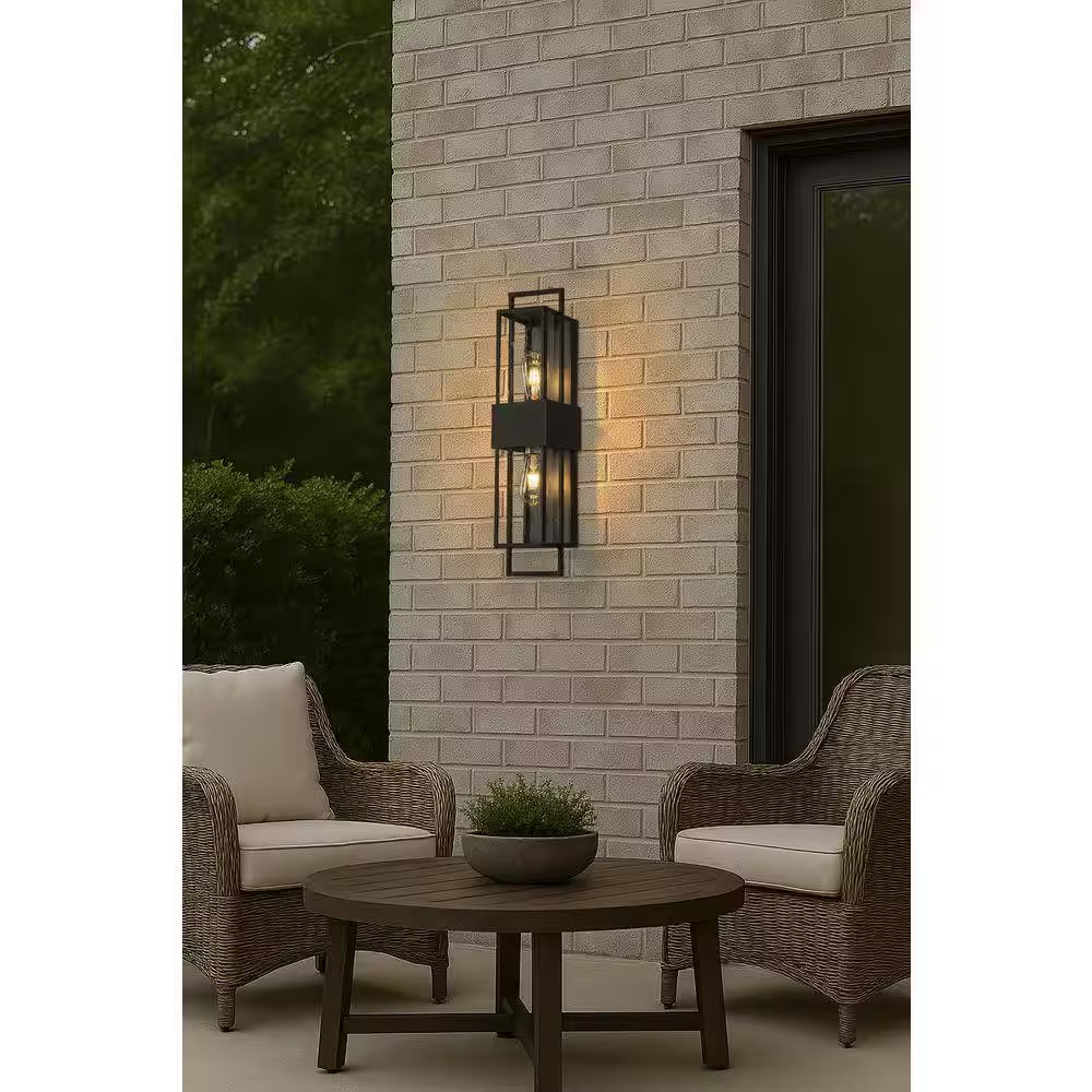 H26 In. 2-Light Modern Outdoor Wall Light W/ Dusk to Dawn Sensor Black Exterior