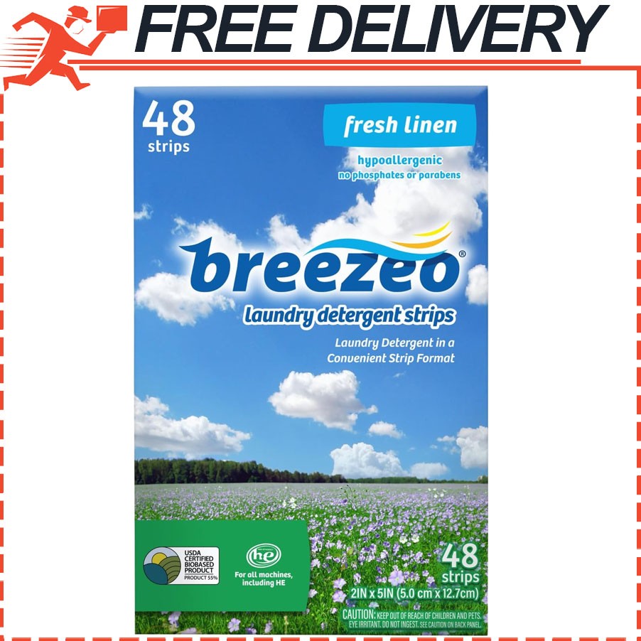 Breezeo Laundry Detergent Strips Sheets, Fresh Linen Scent, 48 Loads