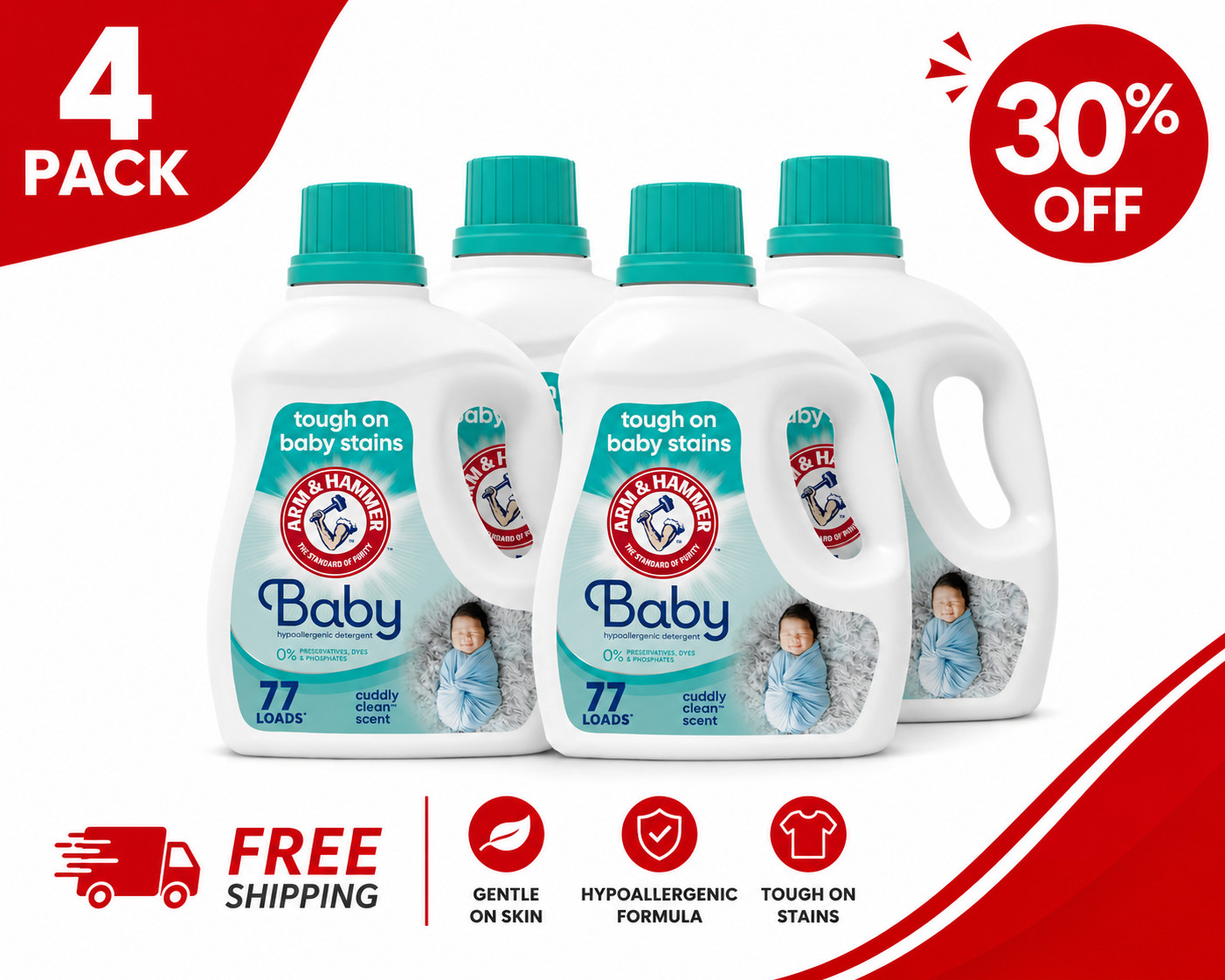 [BIG DEAL] 4 Pack ARM & HAMMER Baby Hypoallergenic Laundry Detergent 100.5 fl oz