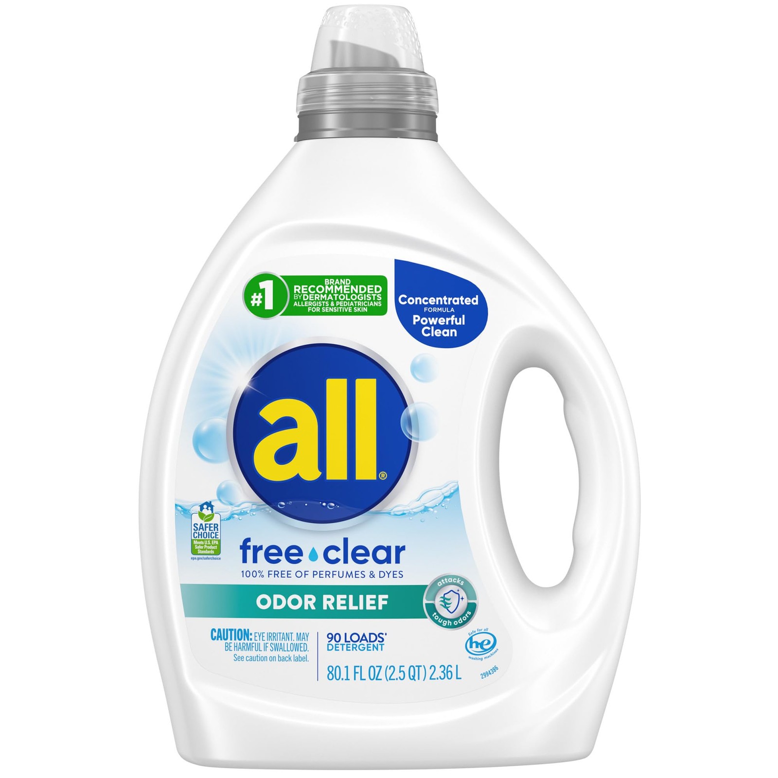 Laundry Detergent Liquid, Free Clear for Sensitive Skin, Odor Relief, Unscent…