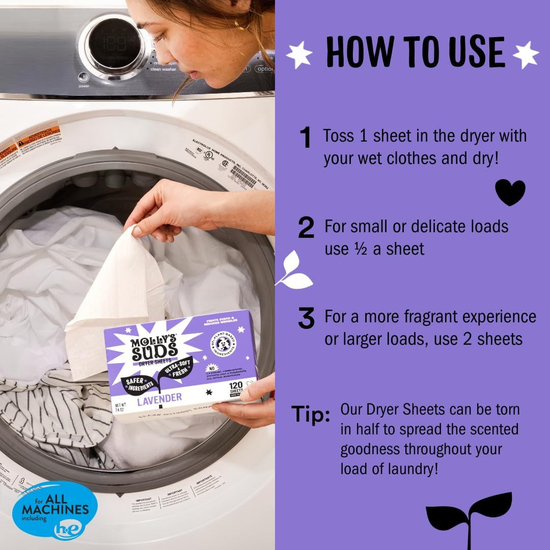Molly’s Suds Dryer Sheets Lavender 120 Sheets Fabric Softener