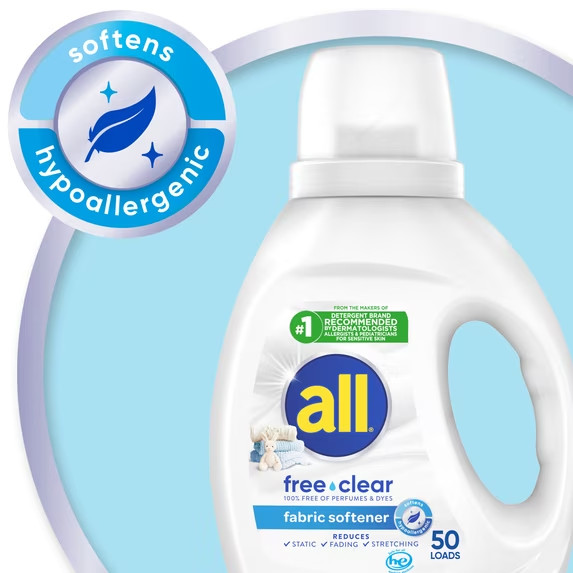 All Liquid Fabric Softener, Free Clear, 34 fl oz, 50 Loads