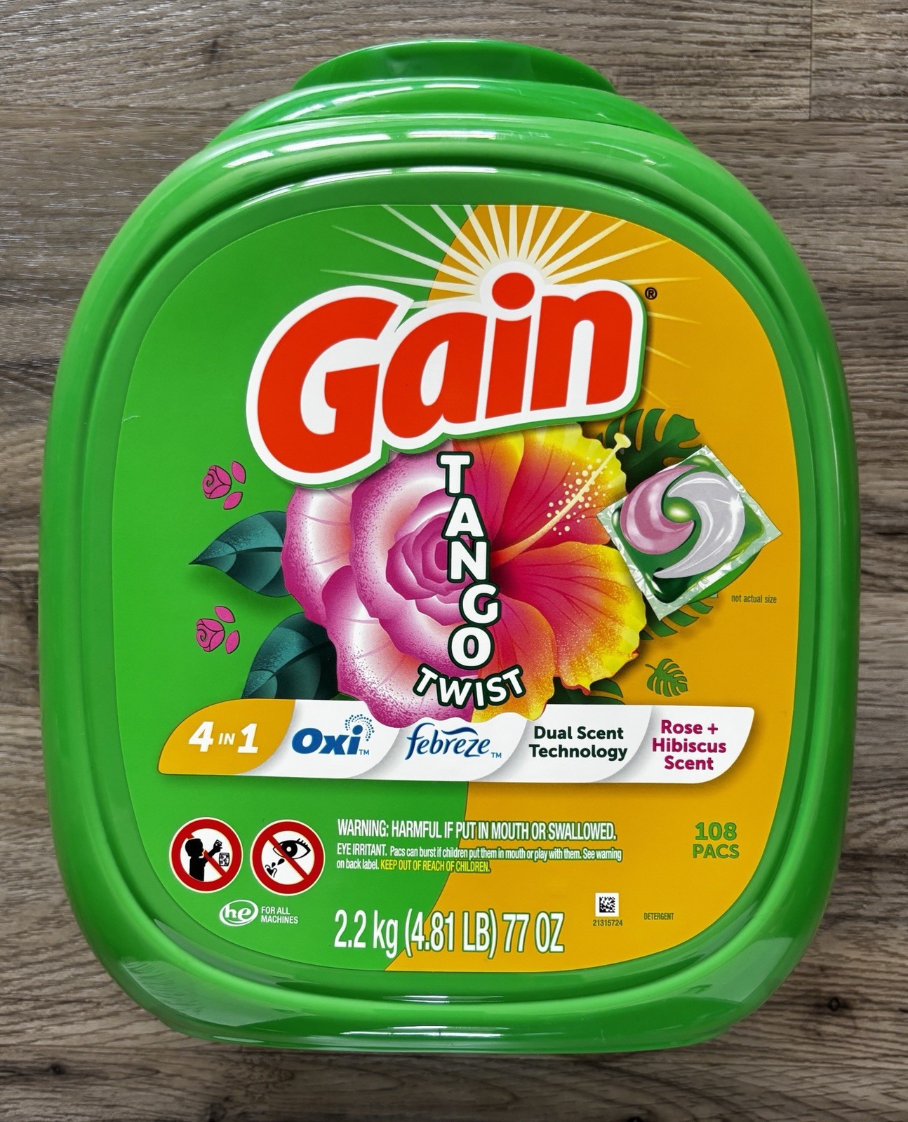 Gain Flings Tango Twist Laundry Detergent Pacs, Rose + Hibiscus Scent, 108 Ct