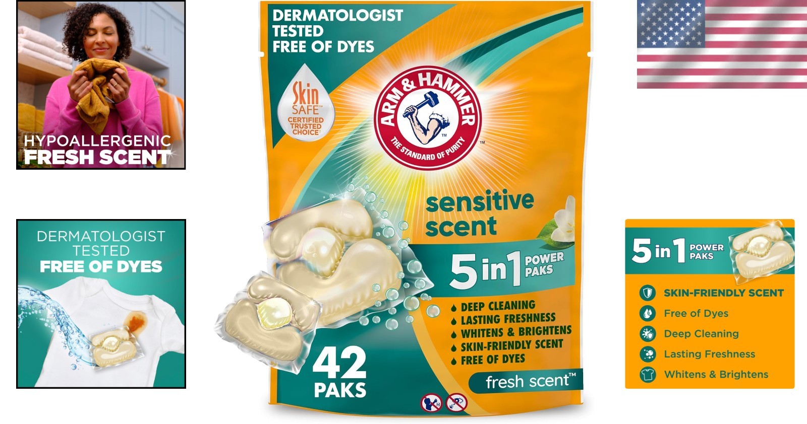 Dye-Free 5-in-1 Laundry Power Paks, 42 Count – Machine Wash Gentle Formula