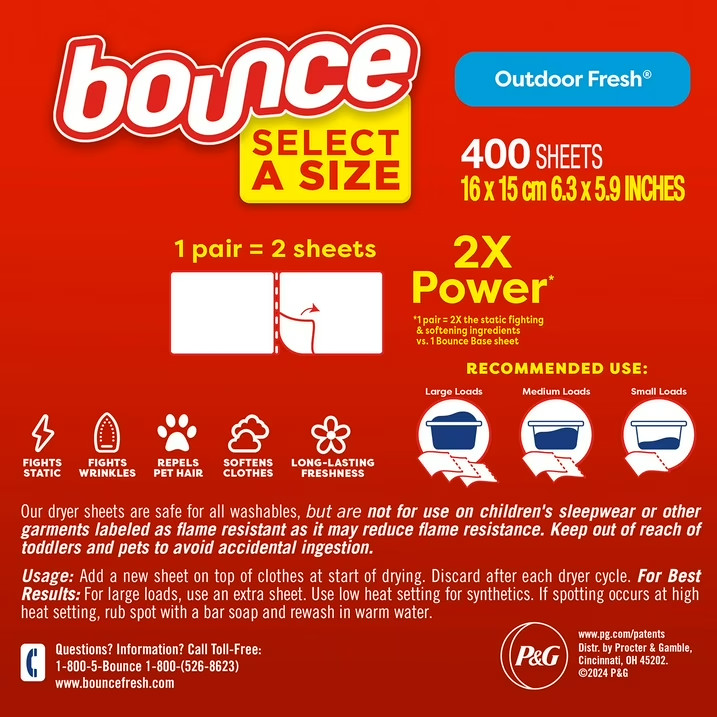 Bounce Select a Size Fabric Softener Dryer Sheets, Outdoor Fresh, 400 count.