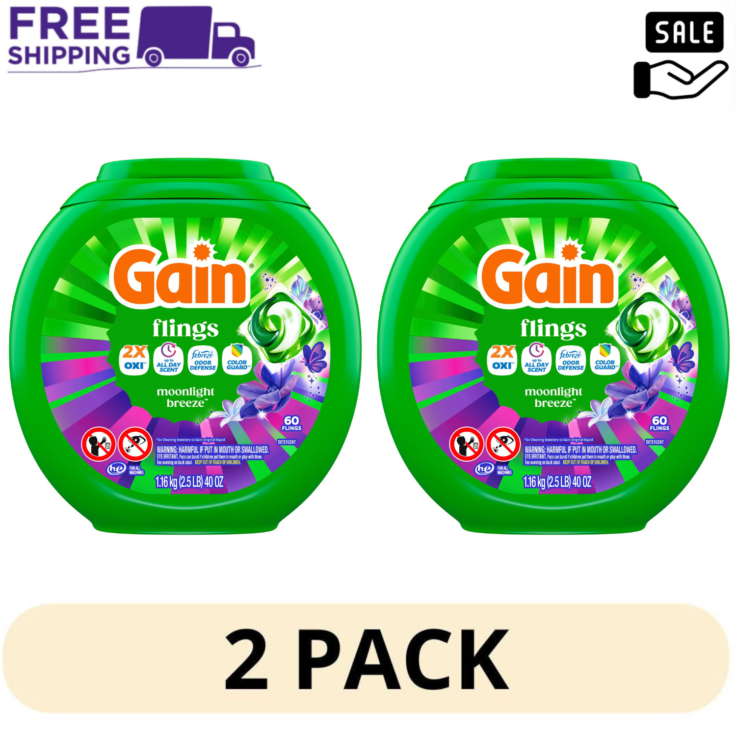2 Pack Gain Flings 4-in-1 Oxi Boost Moonlight Breeze 60 Count