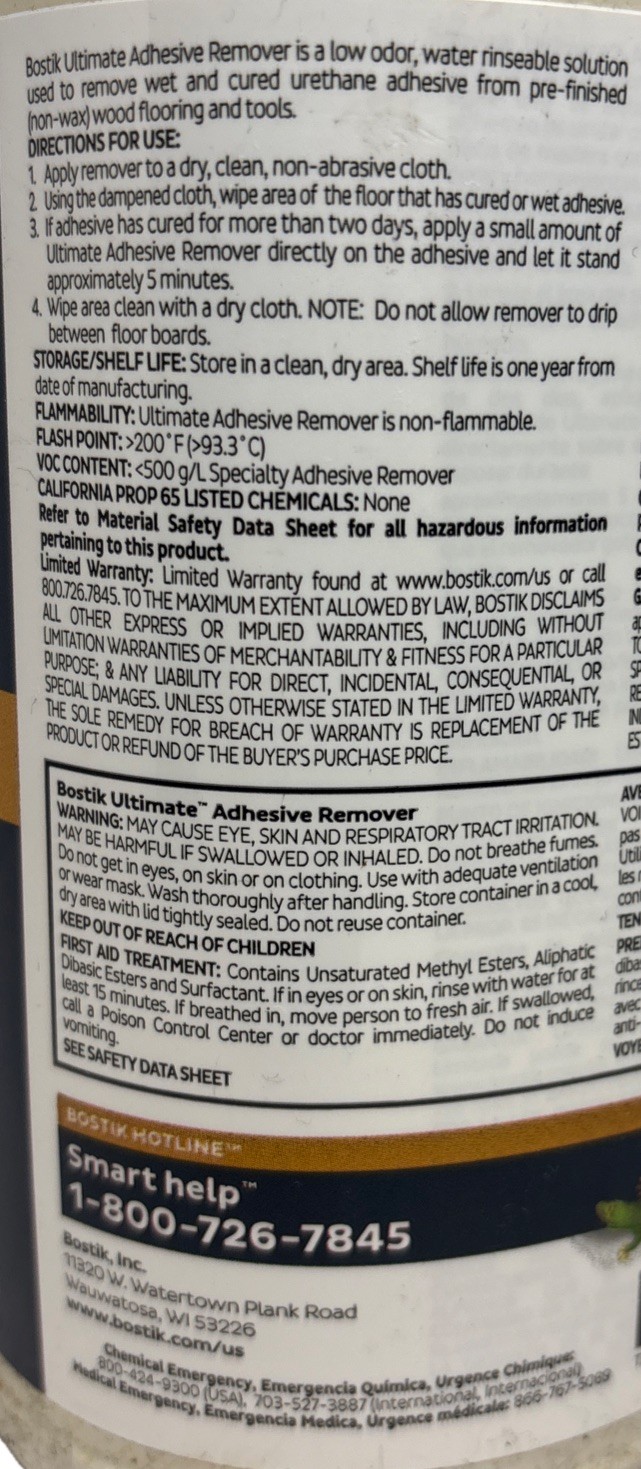 Low Odor Water Rinseable Adhesive Remover—Wood Flooring—16oz—Dented—24 HRS SHIP—