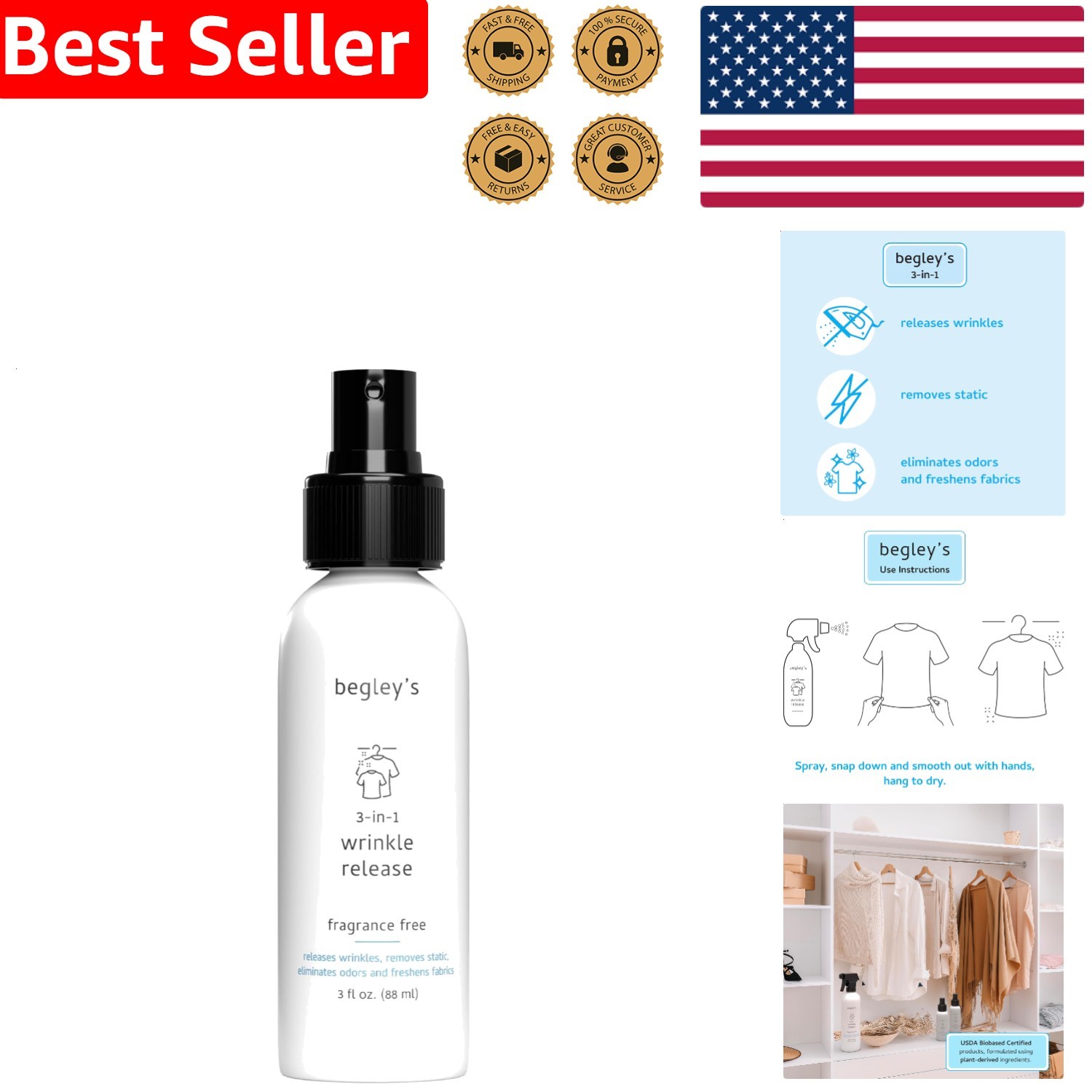 Travel De-Wrinkler Spray Plant-Based Clothing Refresher Anti-Static Odor Remover