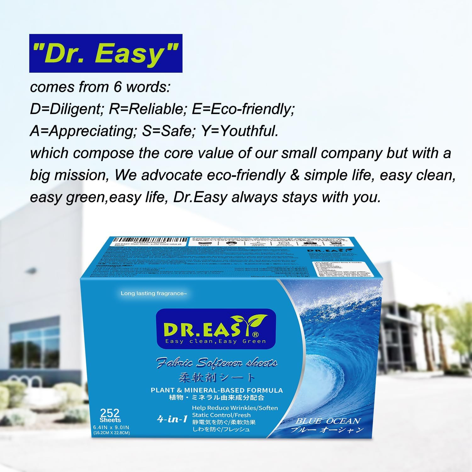 DR.EASY Dryer Sheets Plant Based Formula 252 Ct BLUE Ocean,Softener Sheets for L