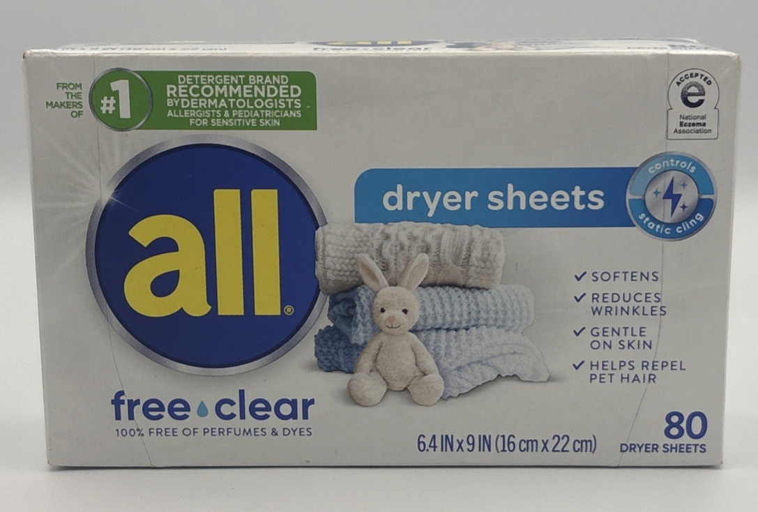 All FREE CLEAR Fabric Softener Dryer Sheets FOR SENSITIVE SKIN, 80 count box